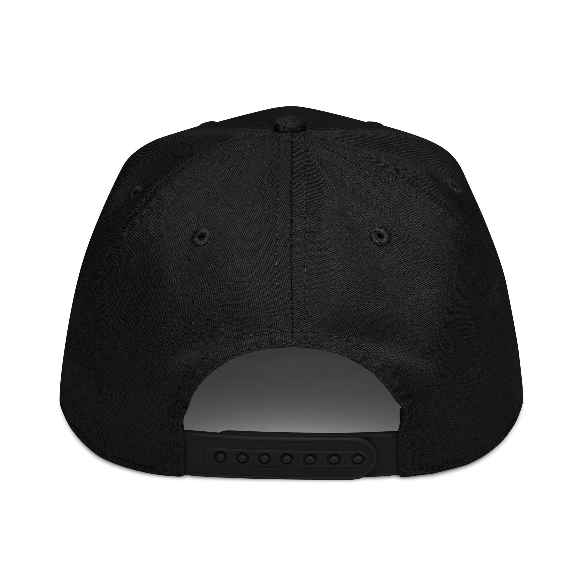 Black 5-panel baseball cap back view with adjustable strap and curved brim