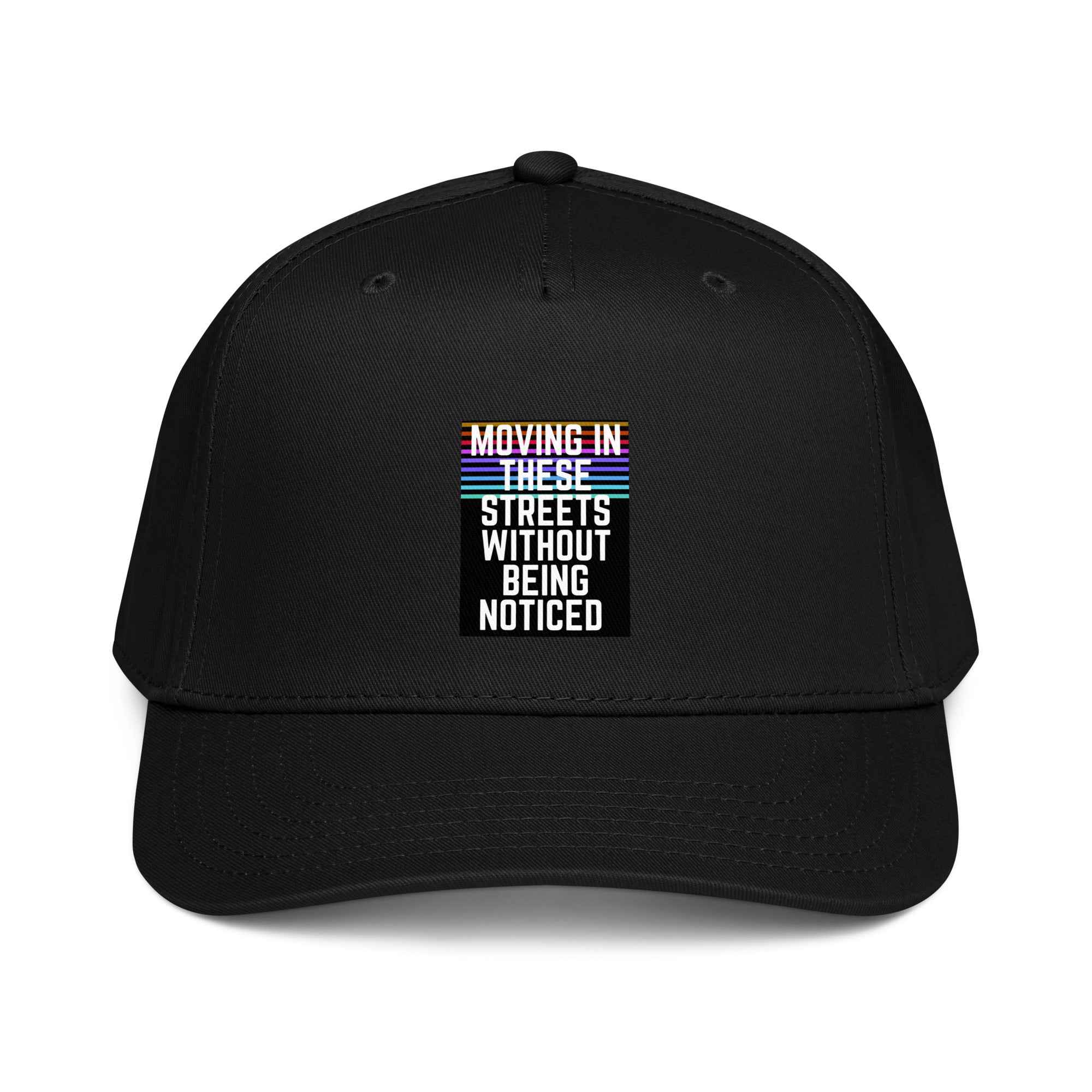 Black 5-panel cap with front graphic text in stacked stripes