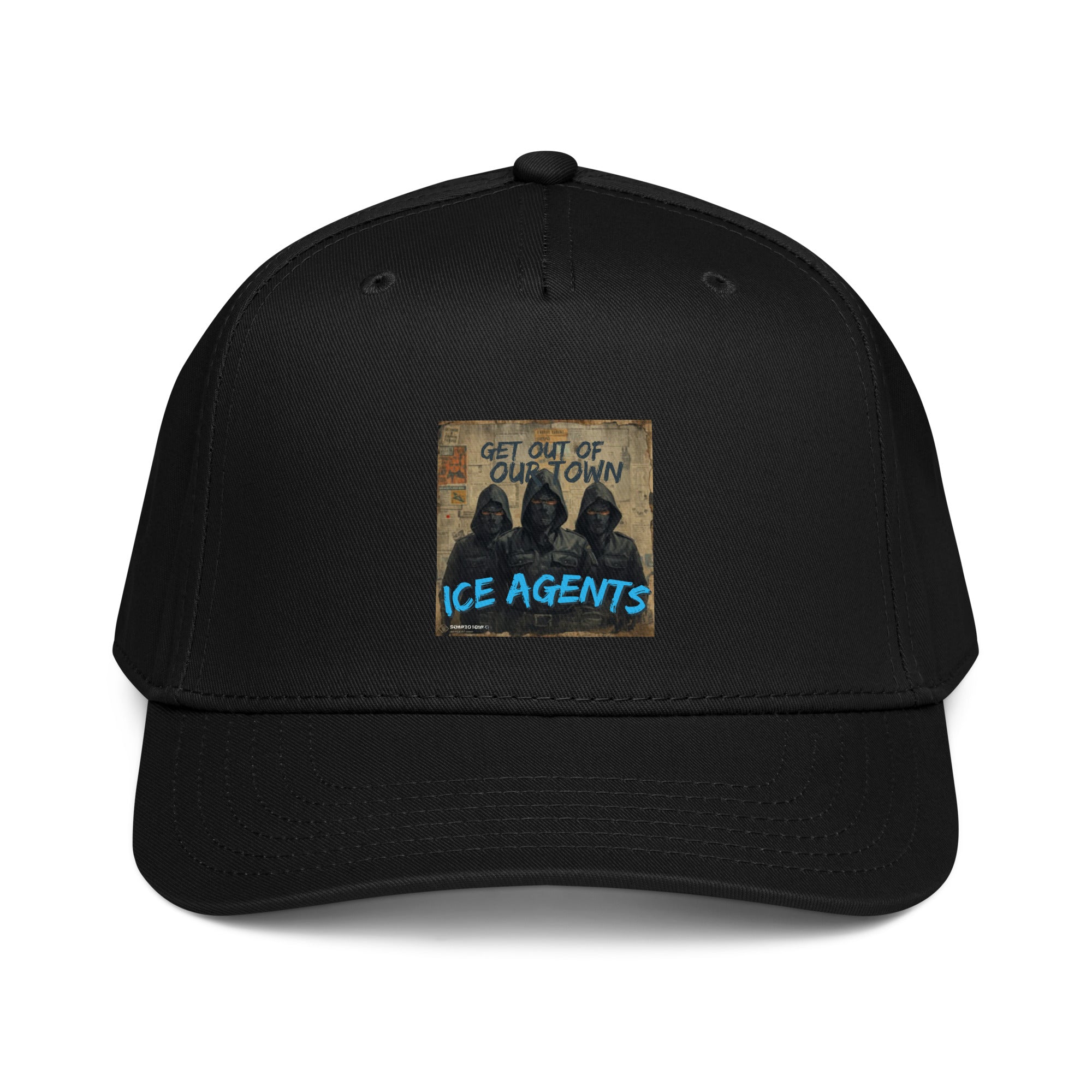 5-panel cap in black with front graphic patch, “ICE AGENTS” text