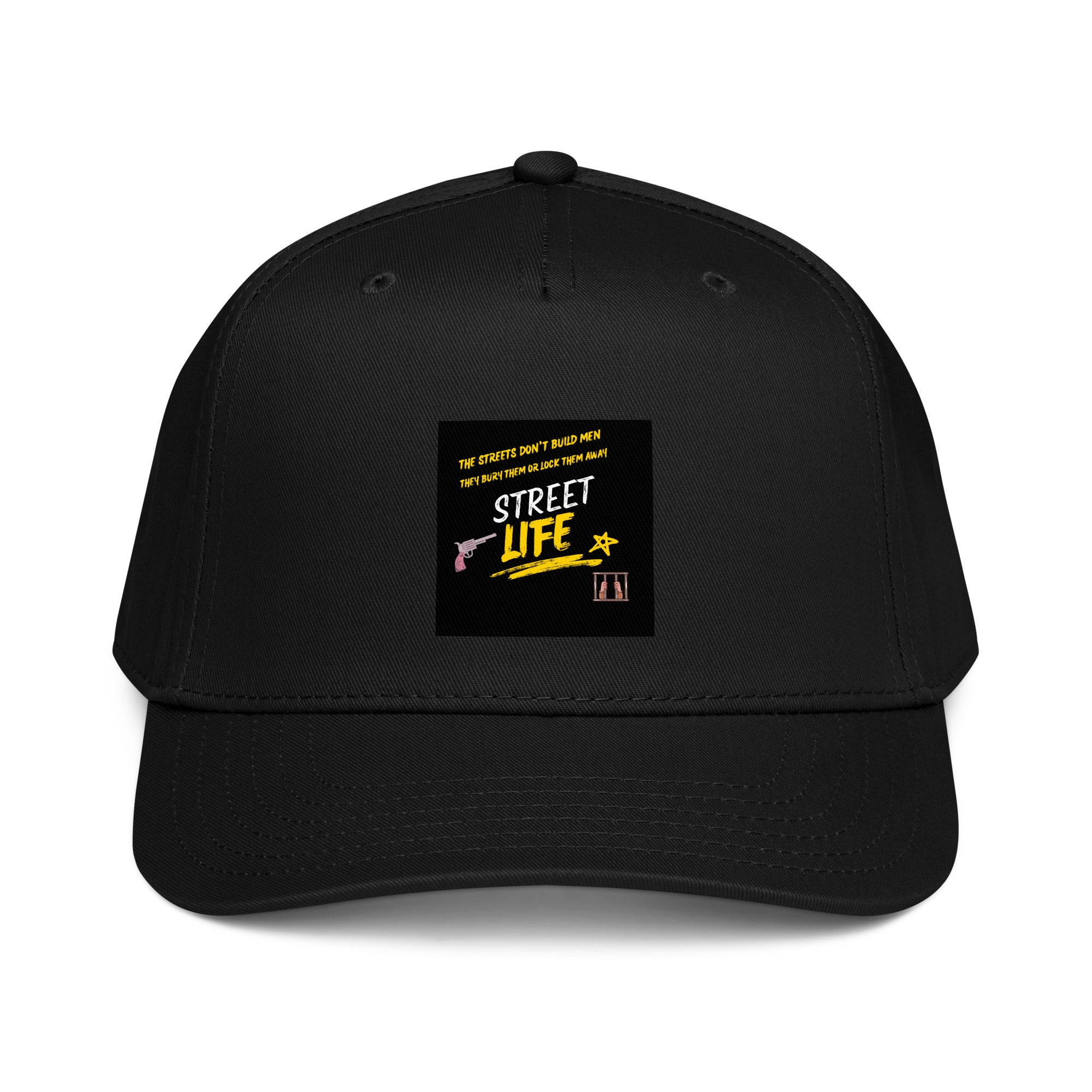 Black 5-panel cap with front logo patch and curved brim.