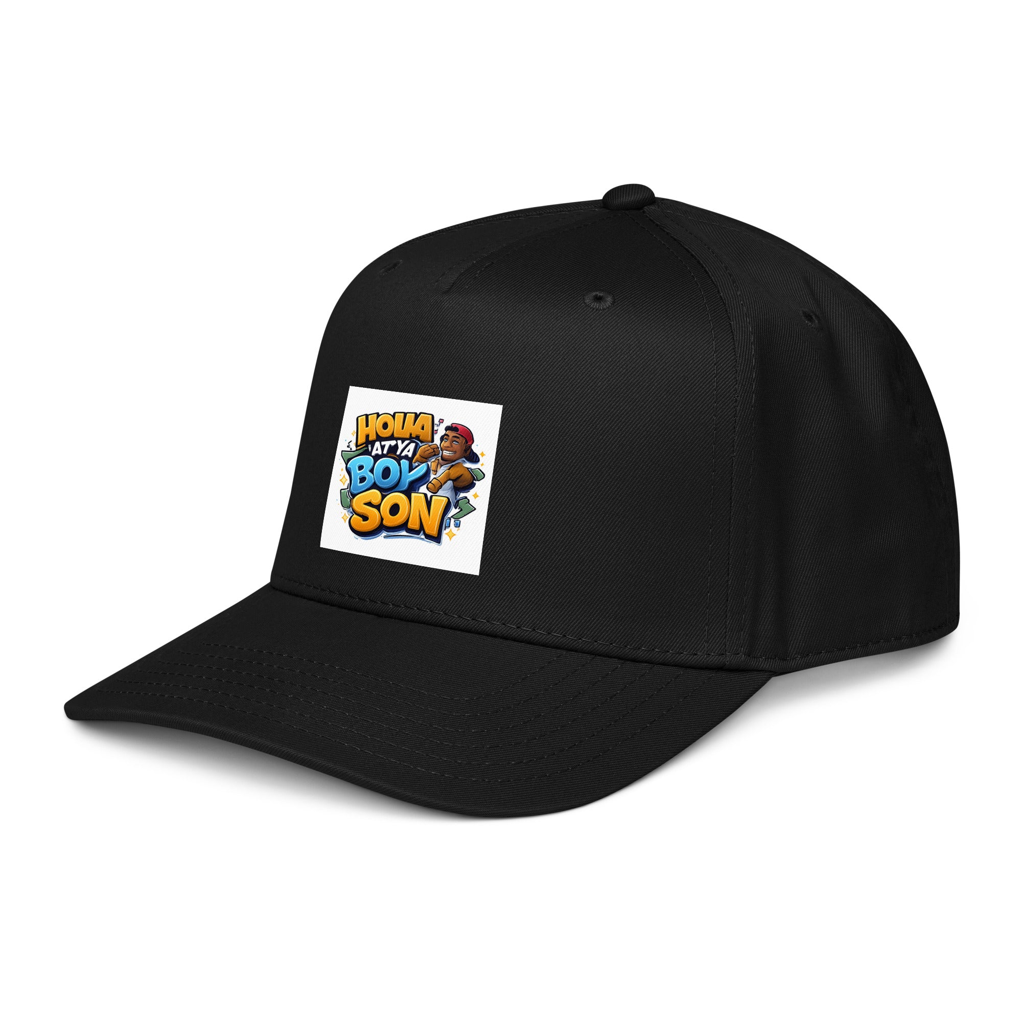 Black 5-panel cap with front graphic patch and curved brim