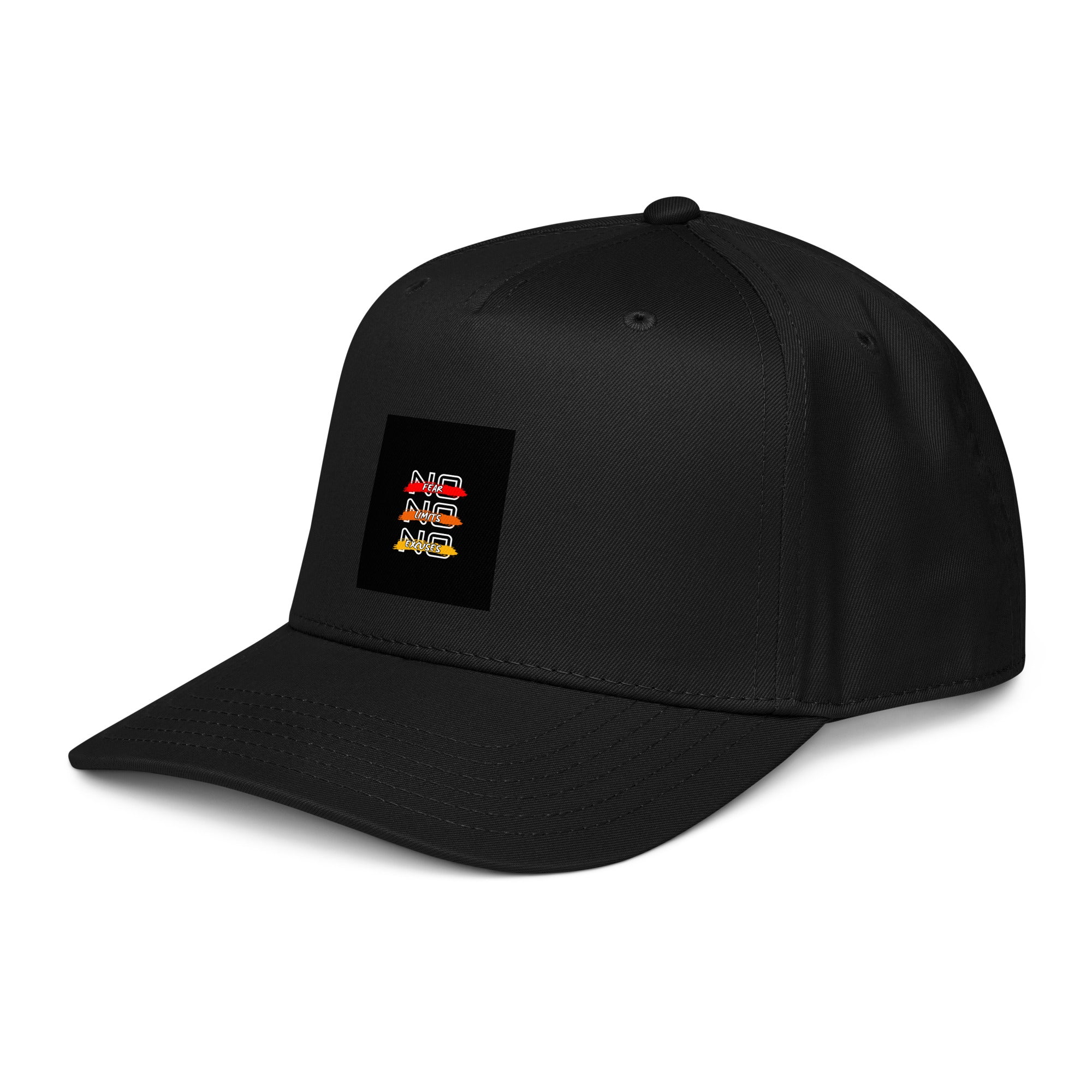 Black 5-panel cap, side profile with square logo patch