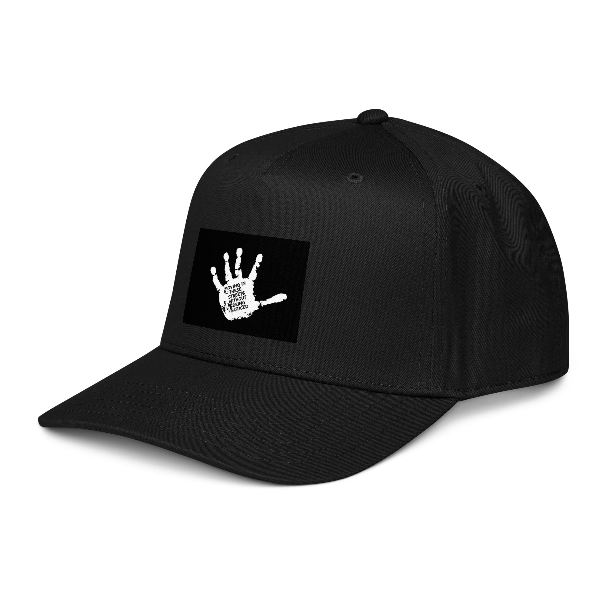 Black 5-panel cap with side logo patch and curved brim