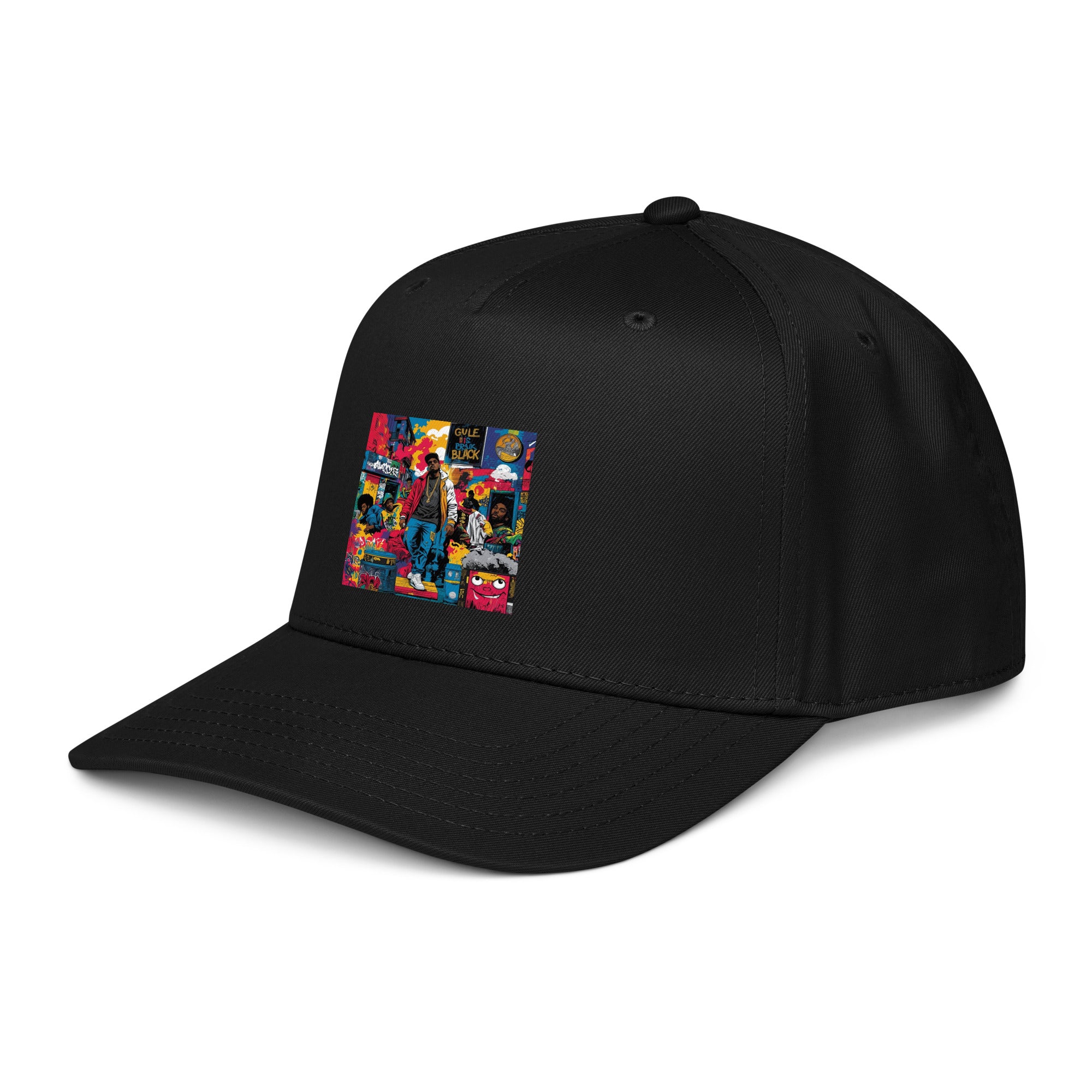 Black 5-panel cap angled view, colorful comic graphic front