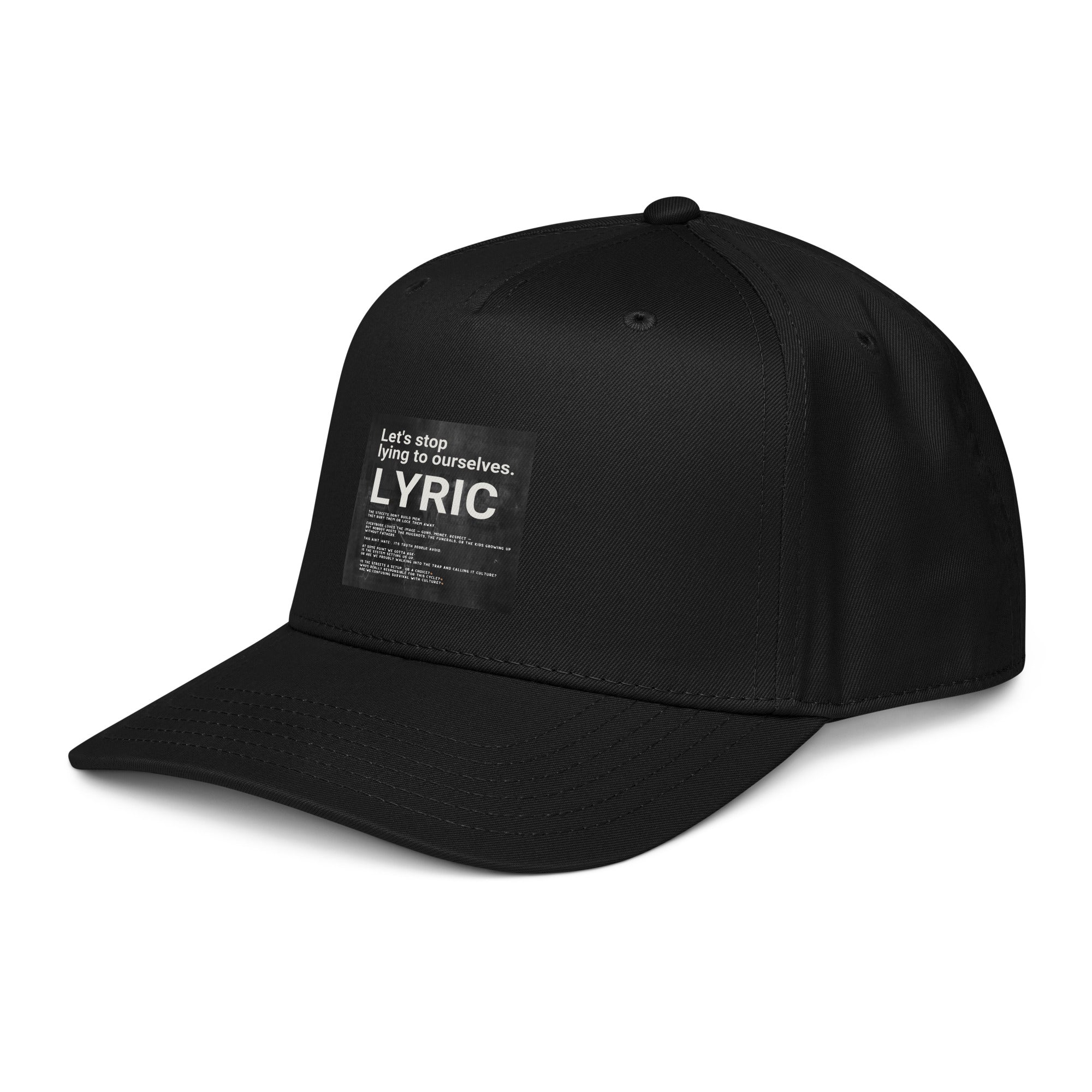 Black cap side view with front “LYRIC” patch