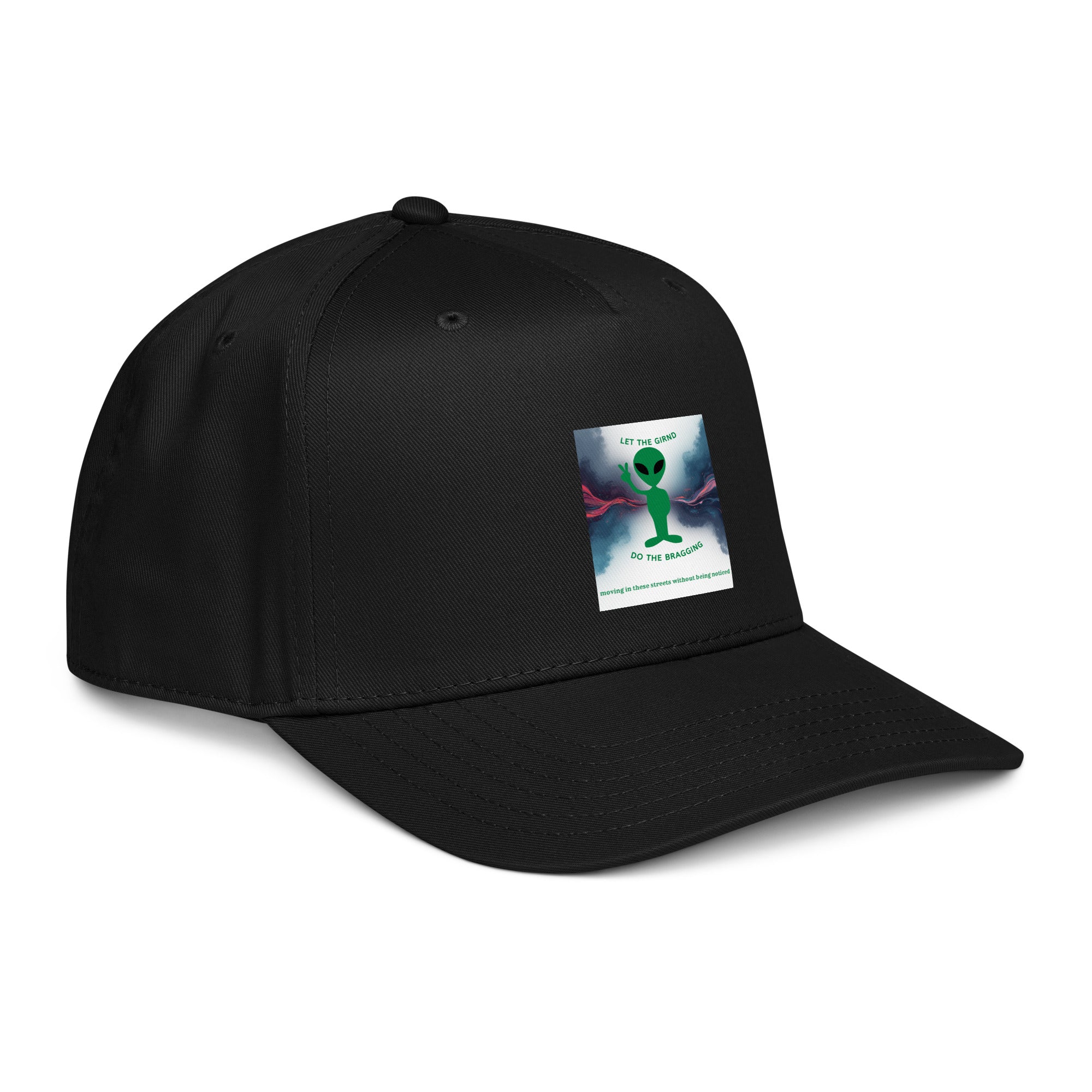 Black 5-panel cap with side view of front graphic patch