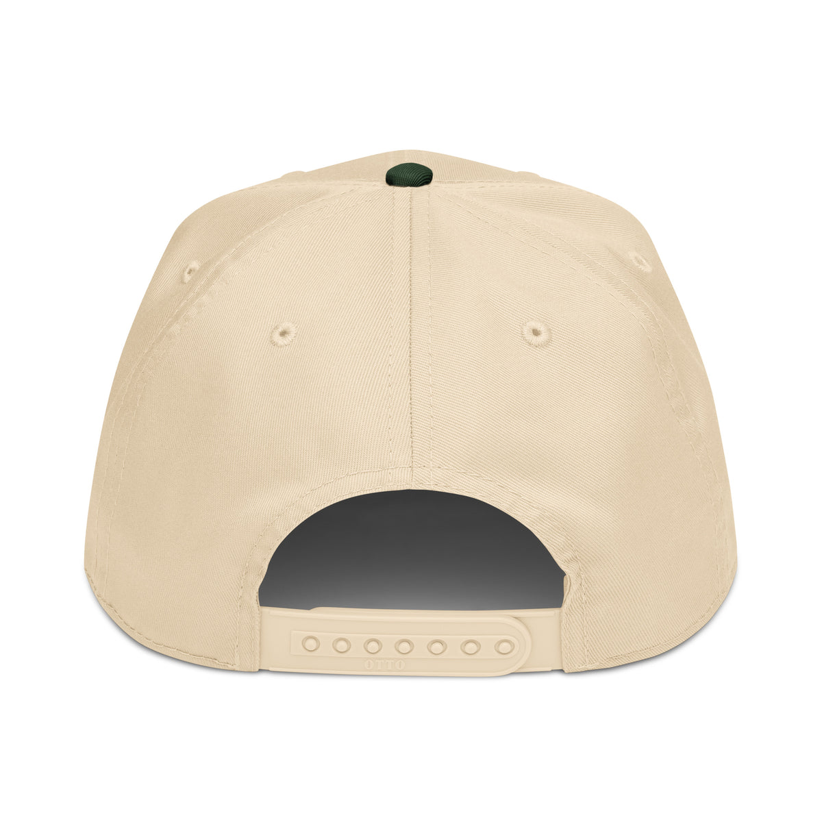 Unisex 5-panel cap, natural top with dark green underside brim, back view