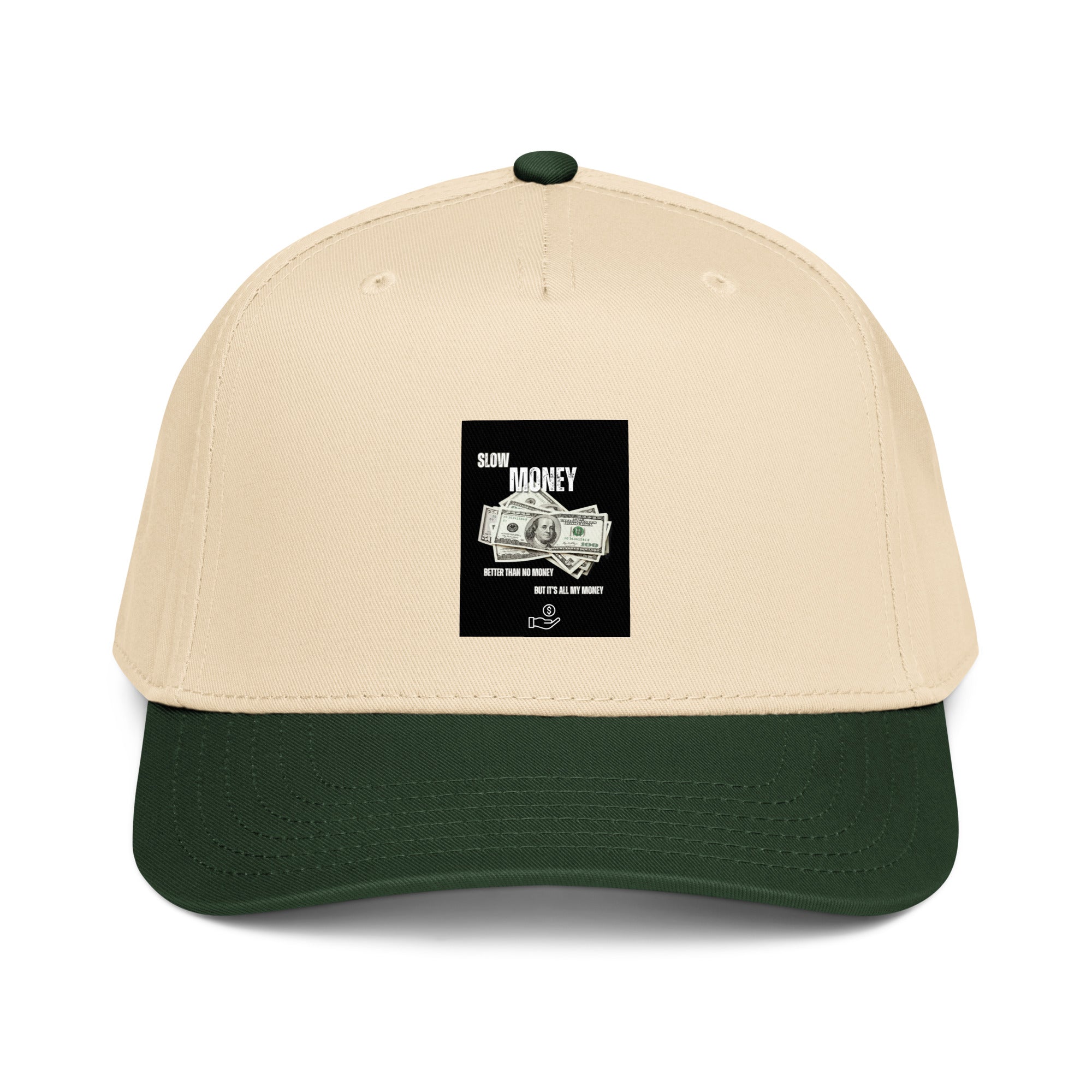 Slow Money 5-panel cap, natural/cream top with dark green underside brim