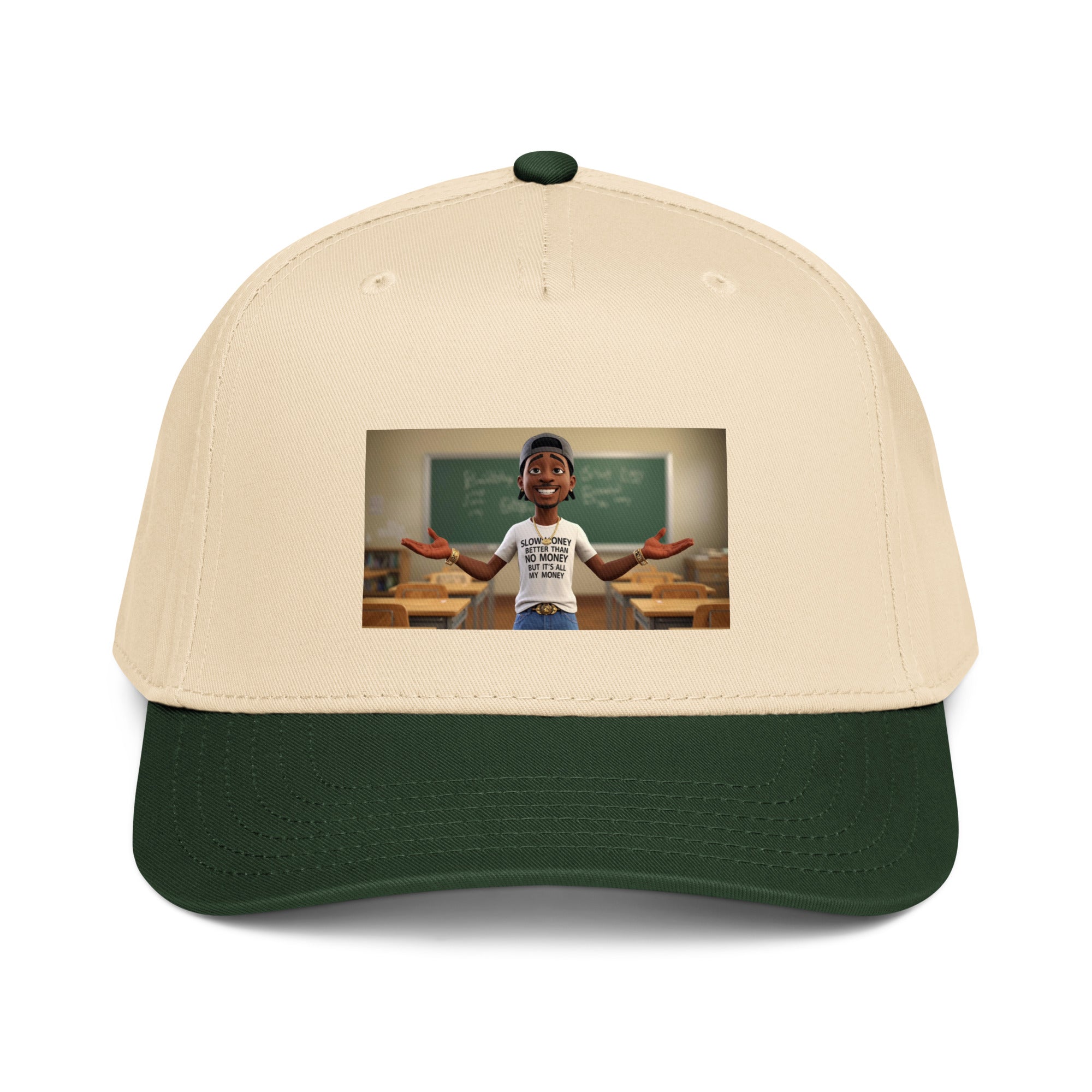 Slow Money Better Than No Money 5-Panel cap (Natural/Dark Green) front graphic