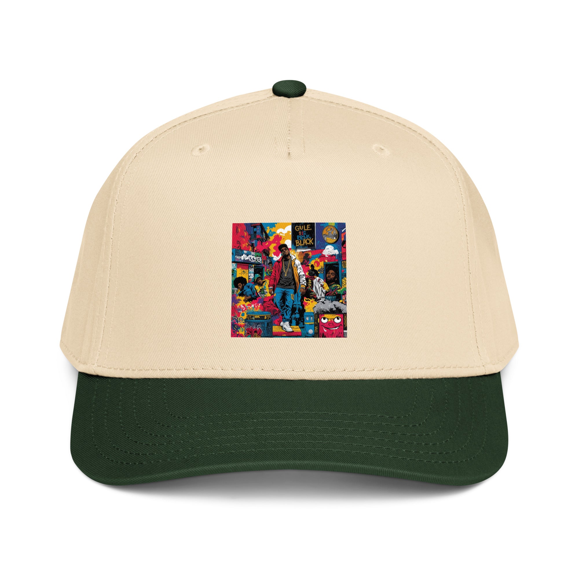 Natural-and-dark-green 5-panel cap with colorful comic graphic front