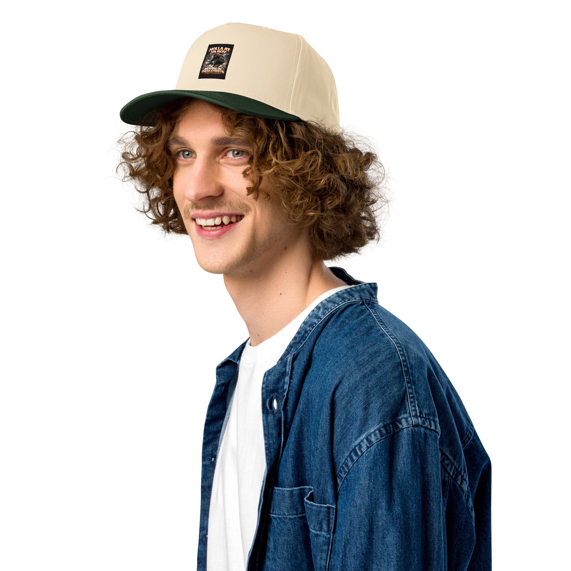 5-panel cap in Dark Green/Natural, front logo patch and curved brim