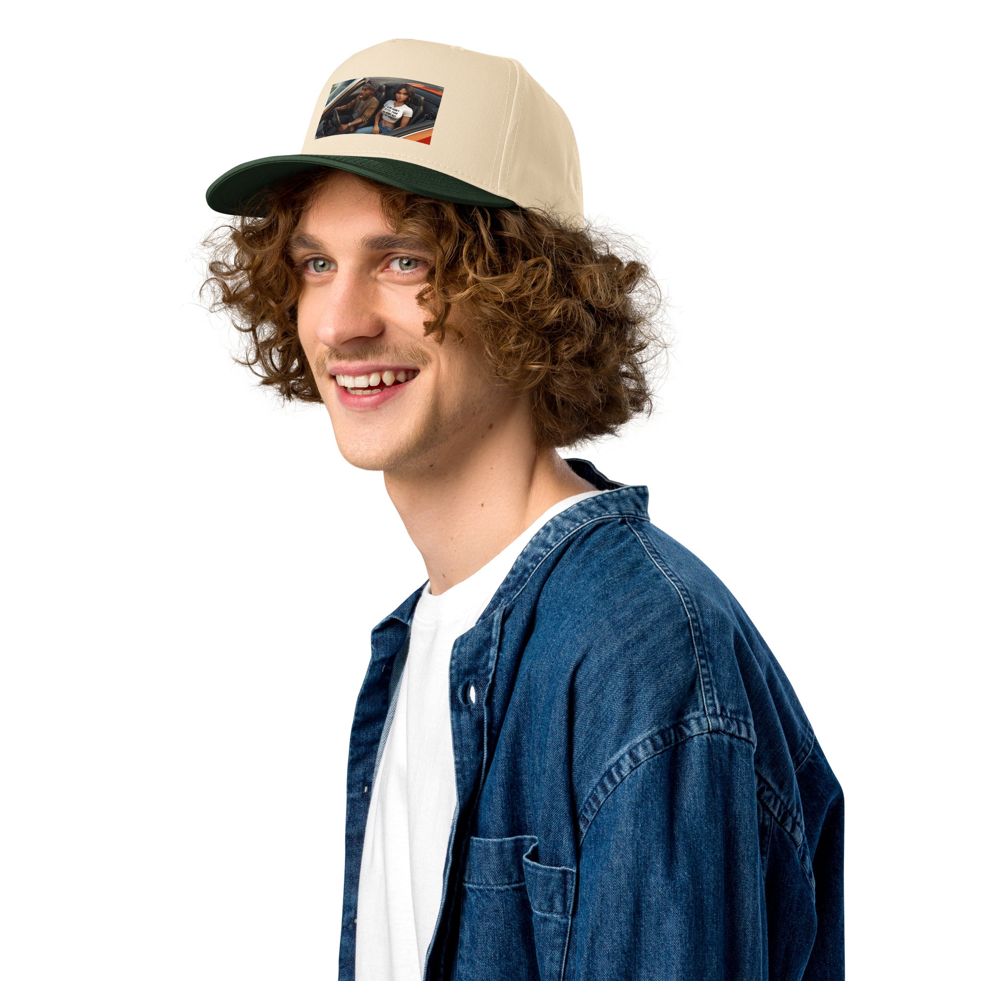Tan/dark green 5-panel cap side profile with front patch graphic