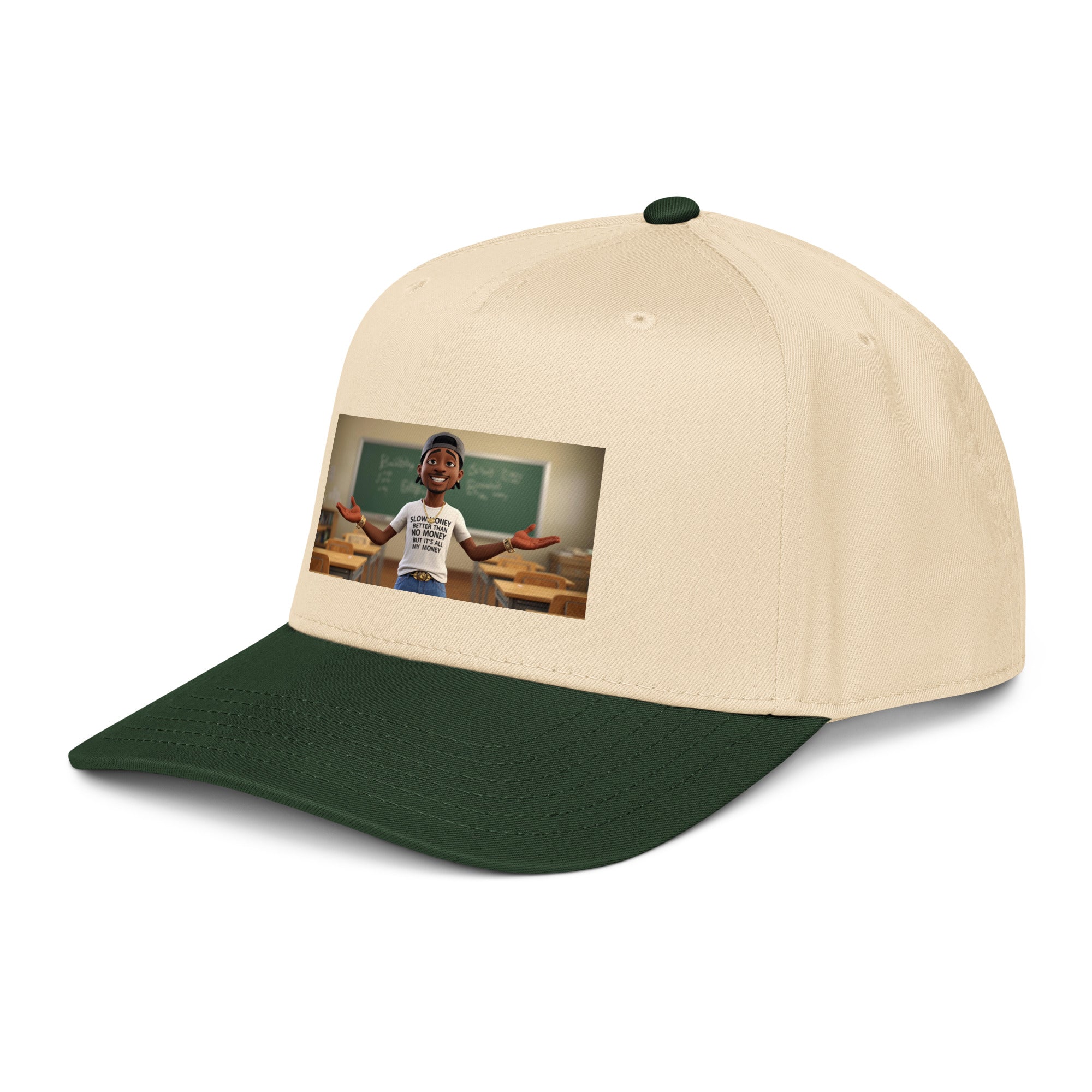 Natural/Deep Green 5-Panel cap, side/front view with rectangular graphic