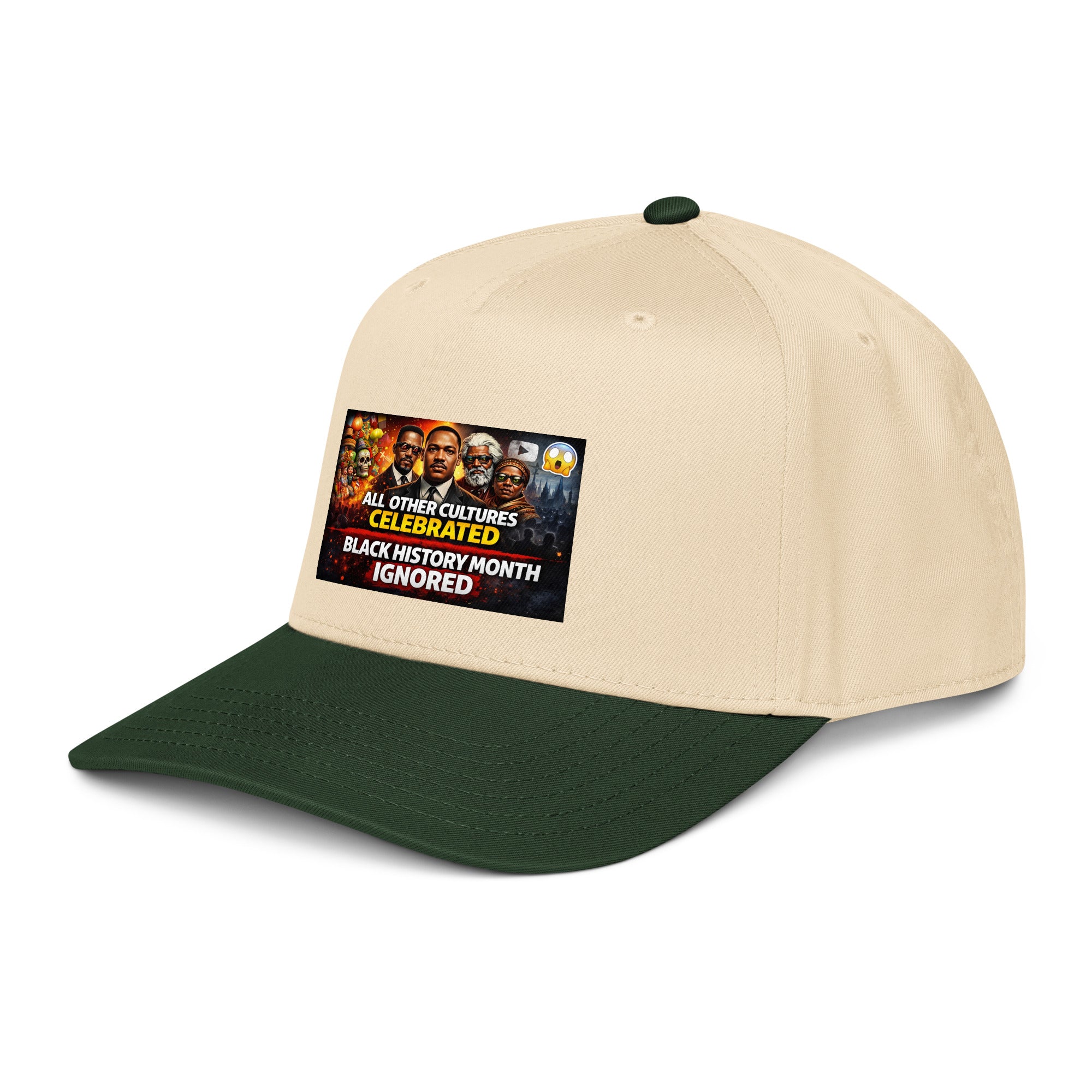 Black History Month 5 panel cap, natural and dark green with front graphic patch