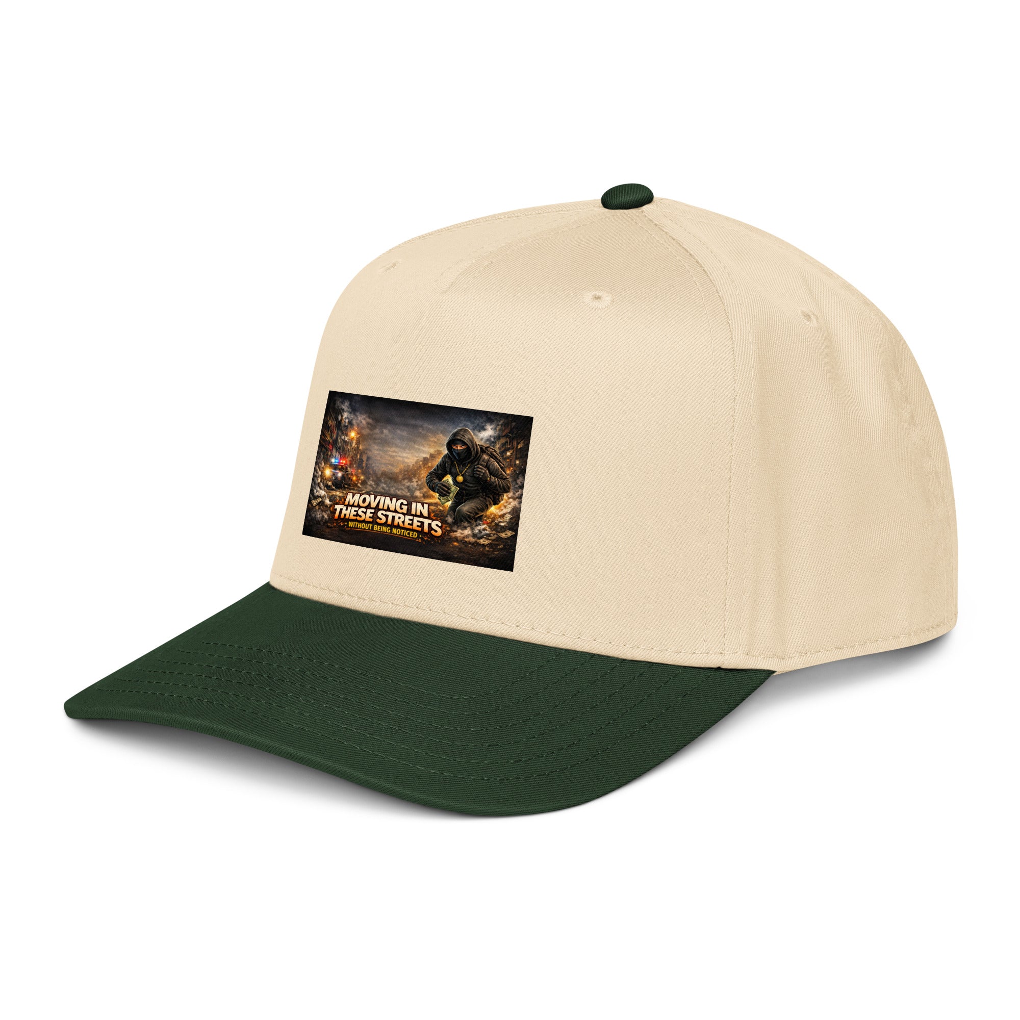 5-Panel Cap Natur/Dunkelgrün, Patch vorn, gebogener Schirm