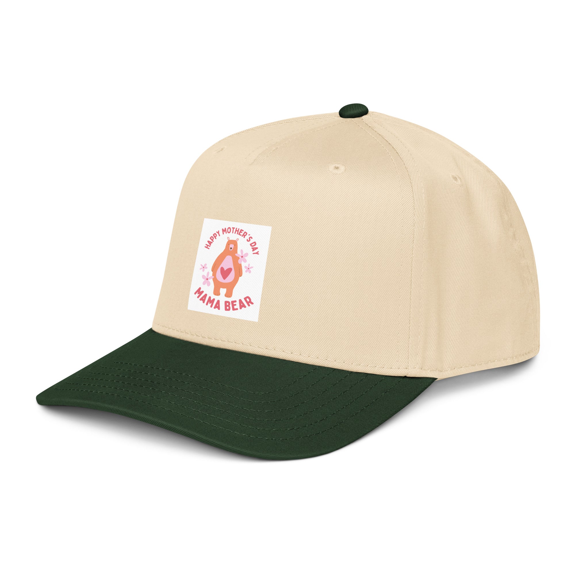Two-tone dark green/natural 5-Panel cap with Mama Bear patch and brim