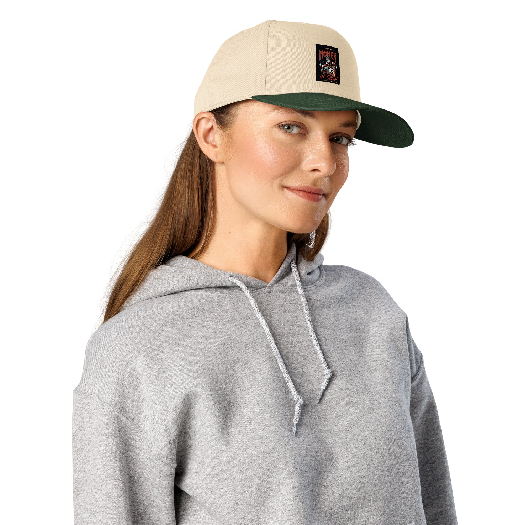 I Want My Money In Cash 5 panel cap, dark green/natural side view