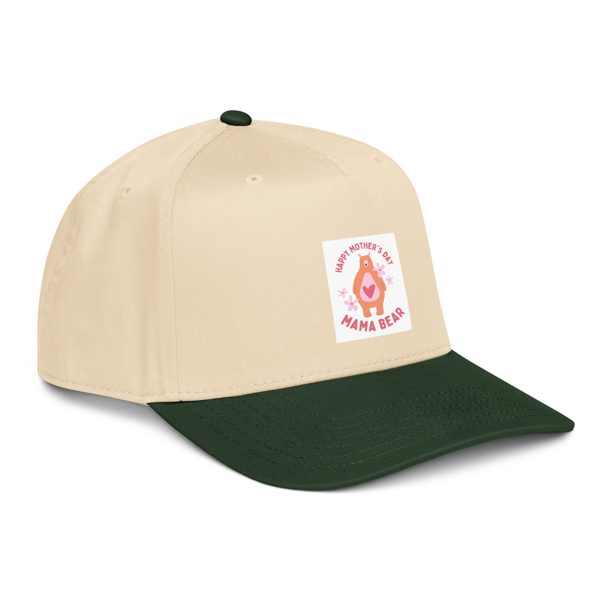 Two-tone cap, natural crown with dark green brim and Mama Bear patch