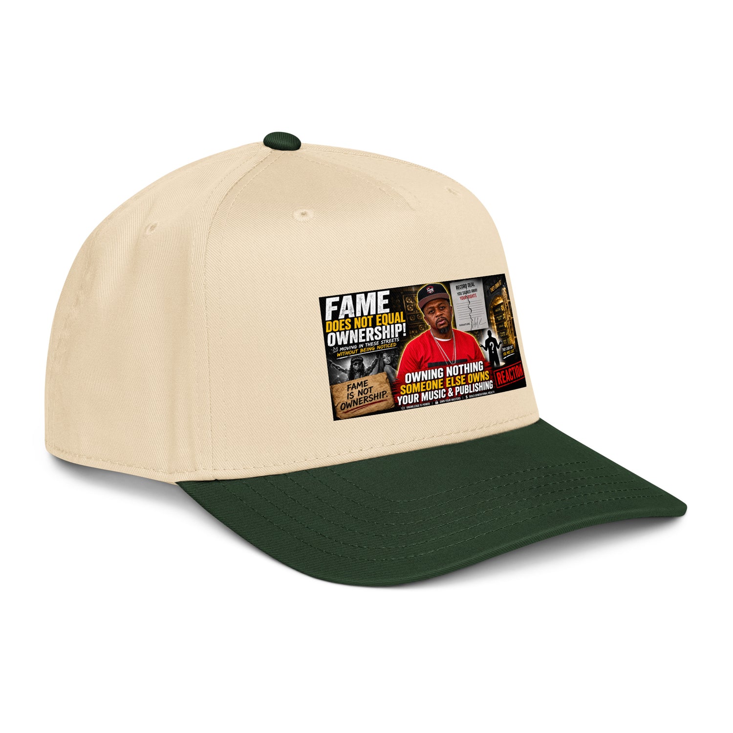 Dark green and natural 5-panel baseball cap front graphic logo patch angled view