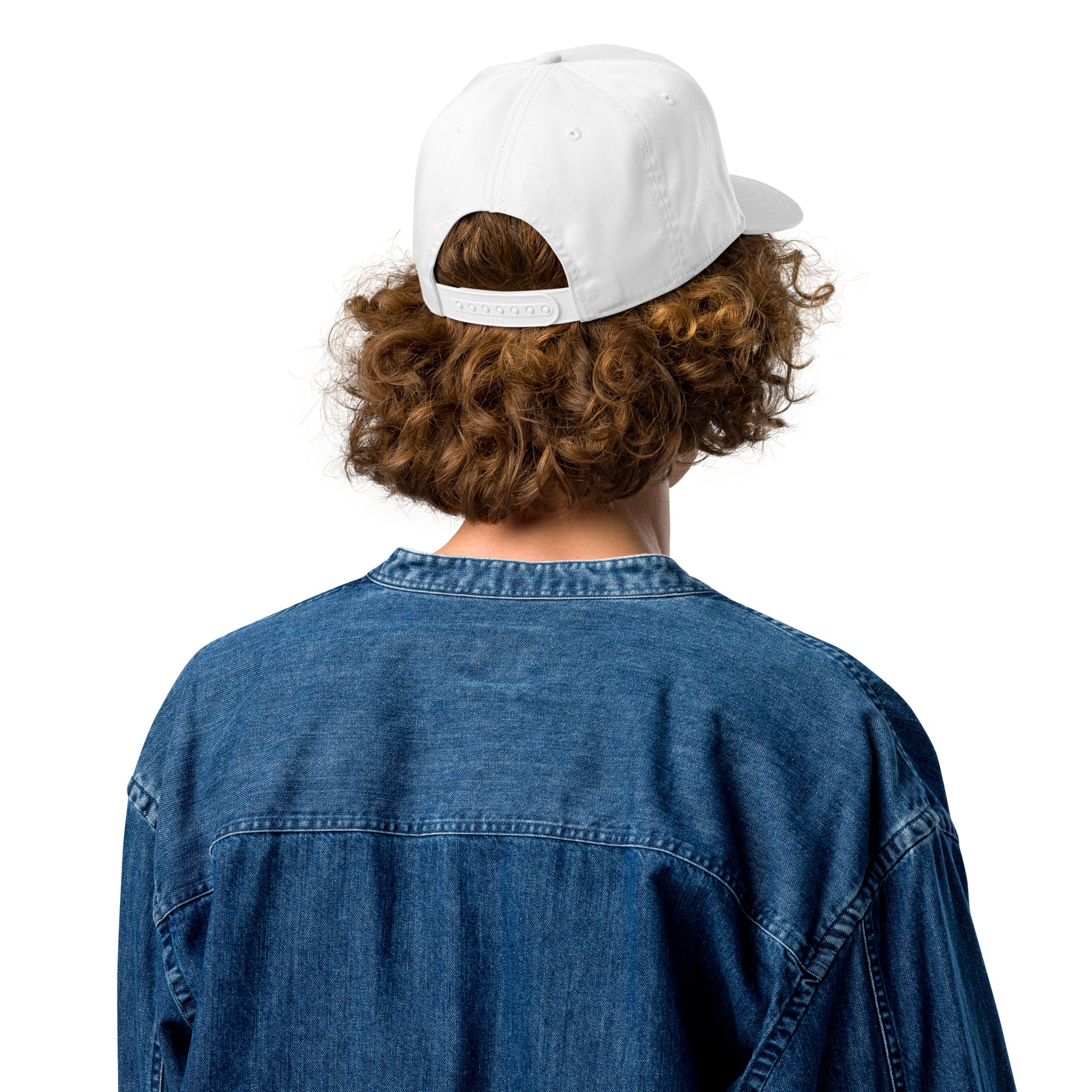 White 5-panel cap, back view with curved brim