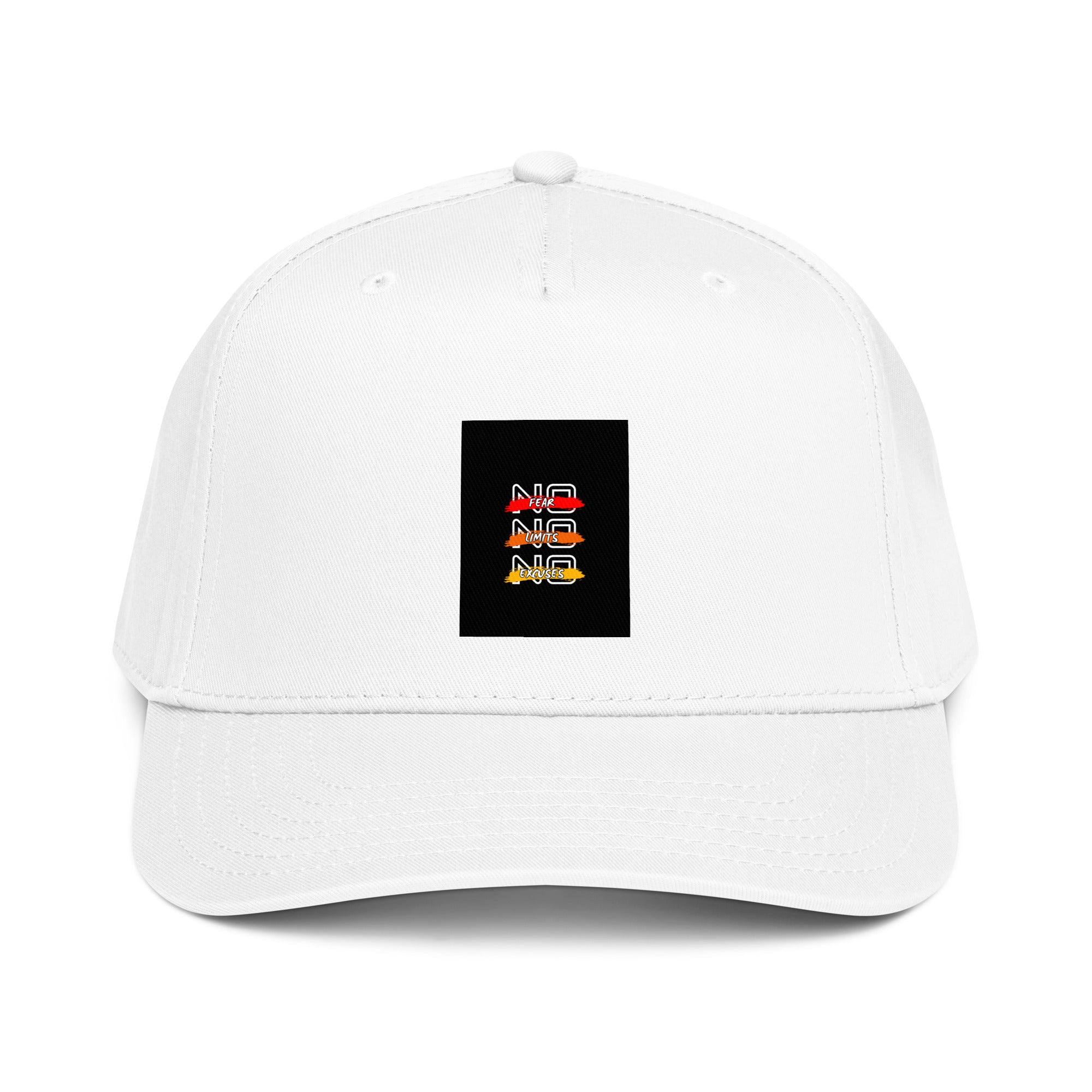 White 5-panel cap with front square logo patch