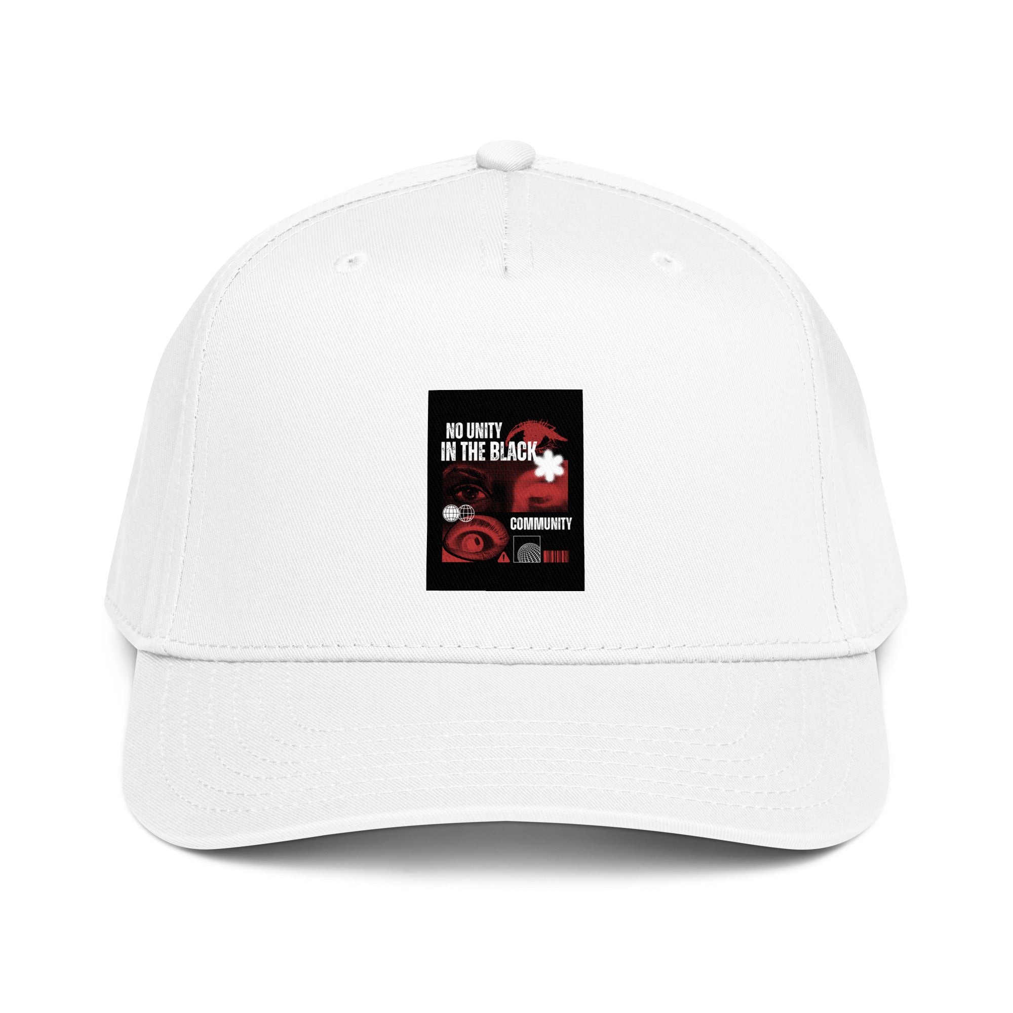 5-panel white cap with front graphic patch