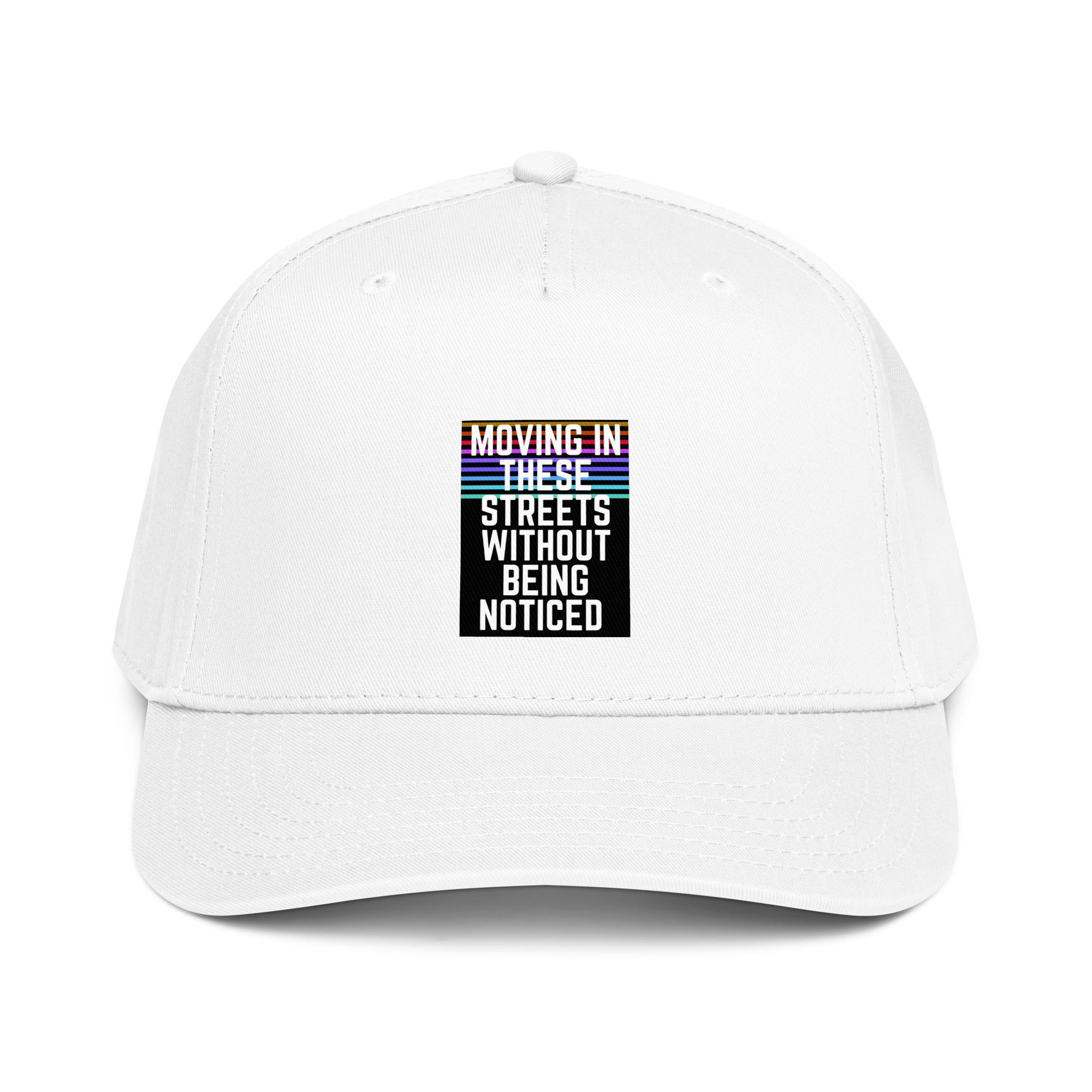 White 5-panel cap with front graphic text in stacked stripes