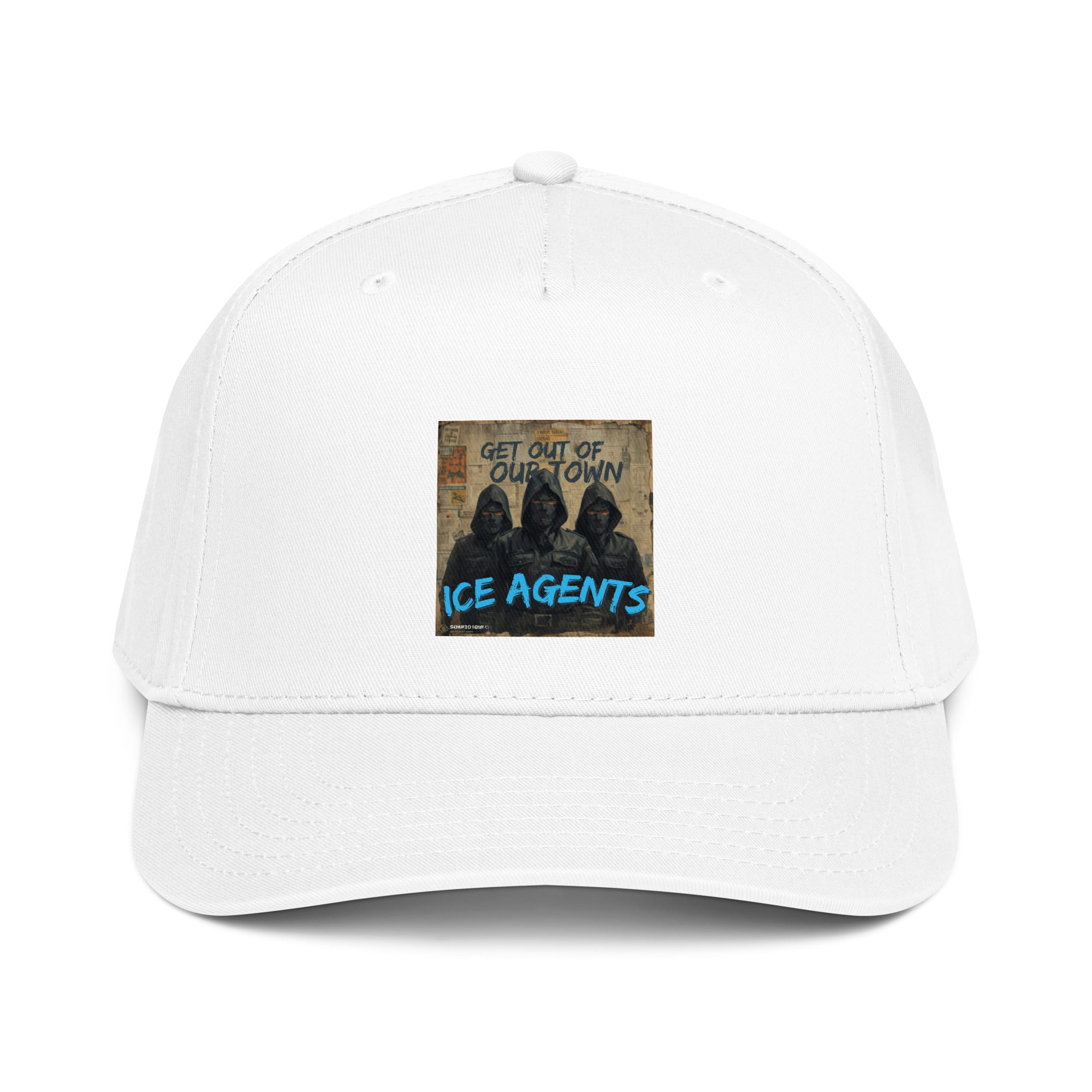 5-panel cap in white with front graphic patch, “ICE AGENTS” text