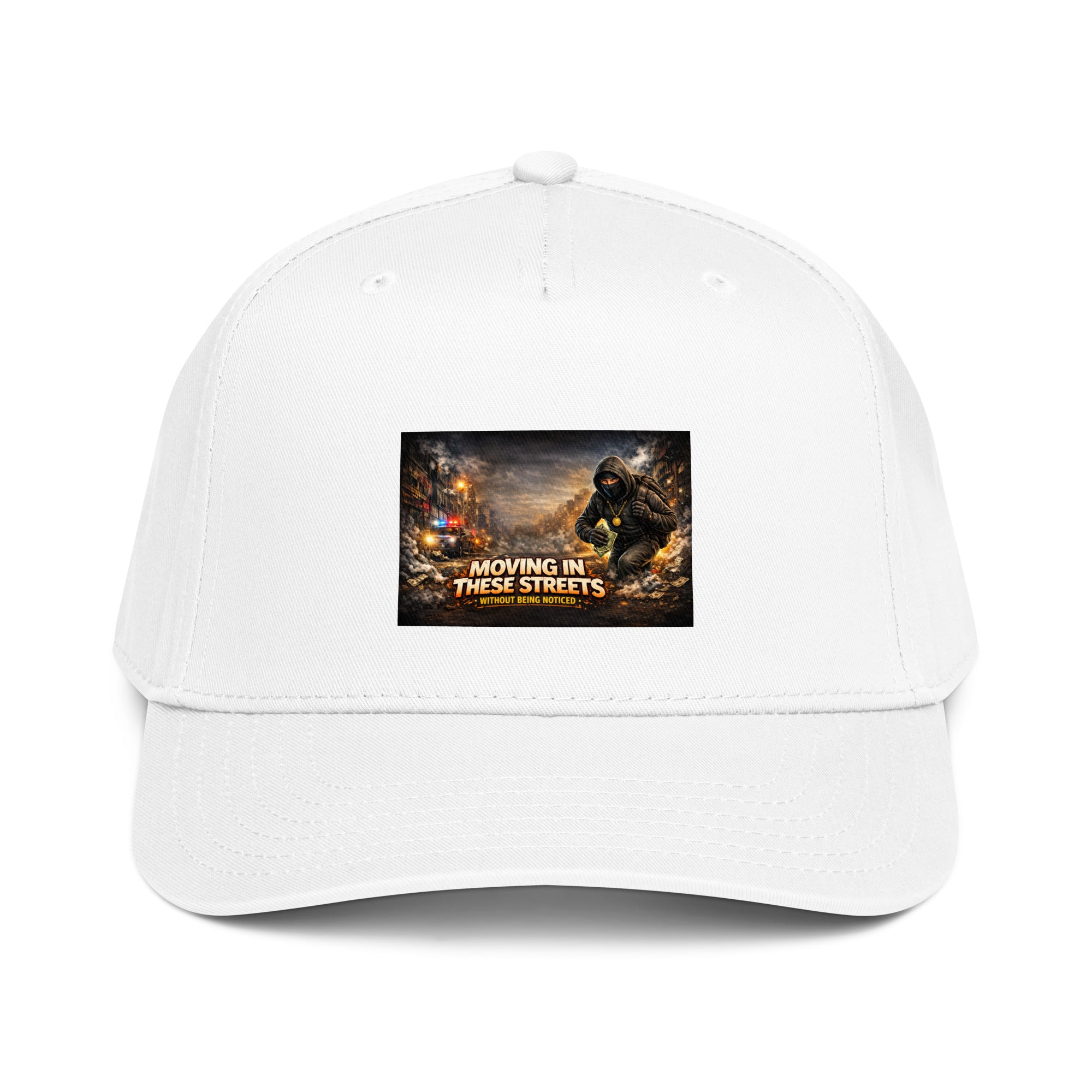 5-Panel Cap Weiß mit Front-Patch und farbiger Grafik