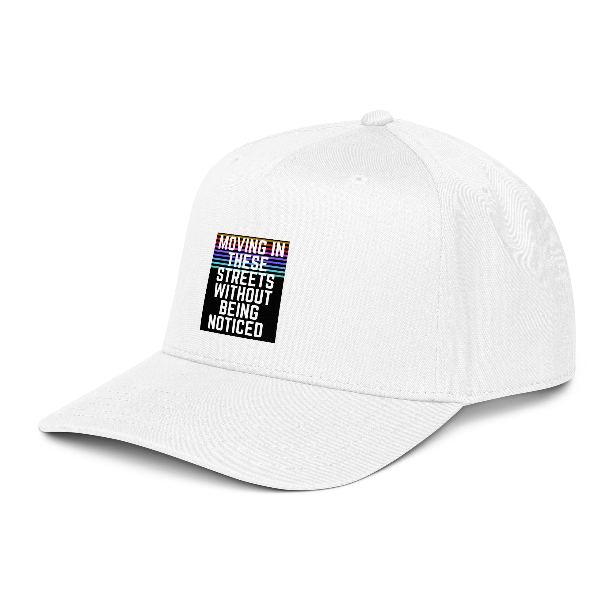 White 5-panel cap with front logo patch: “MOVING IN THESE STREETS”