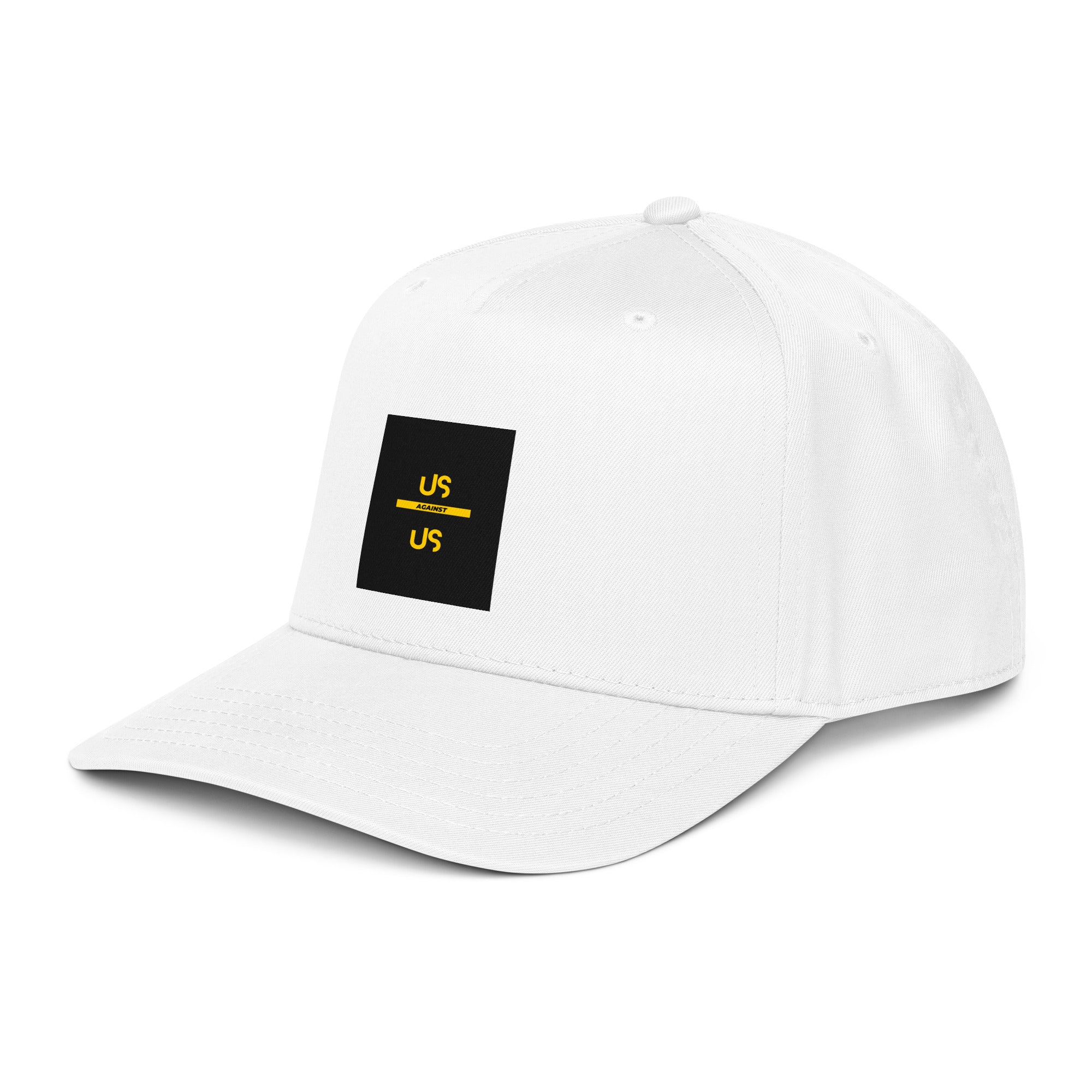 Us Against Us 5-panel cap, white with black logo patch and yellow &