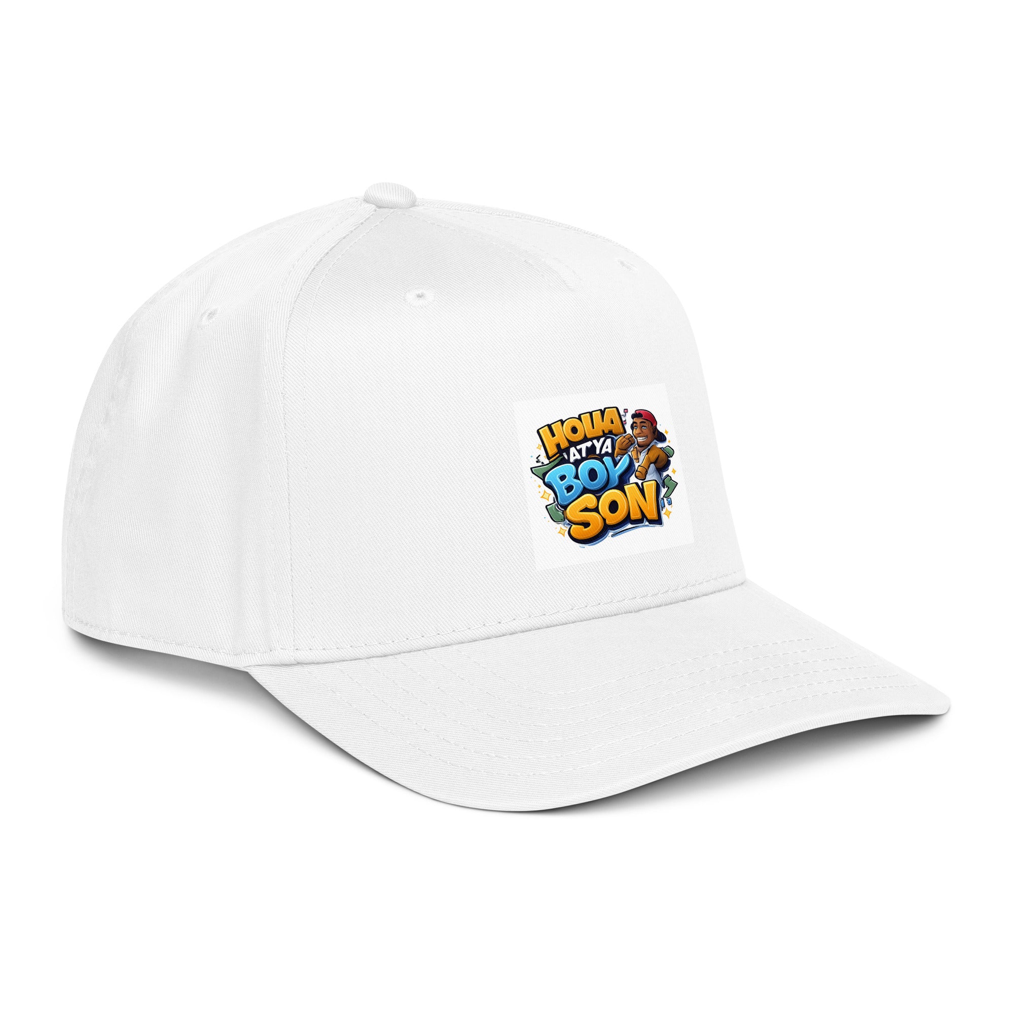 White 5-panel cap, side view with &