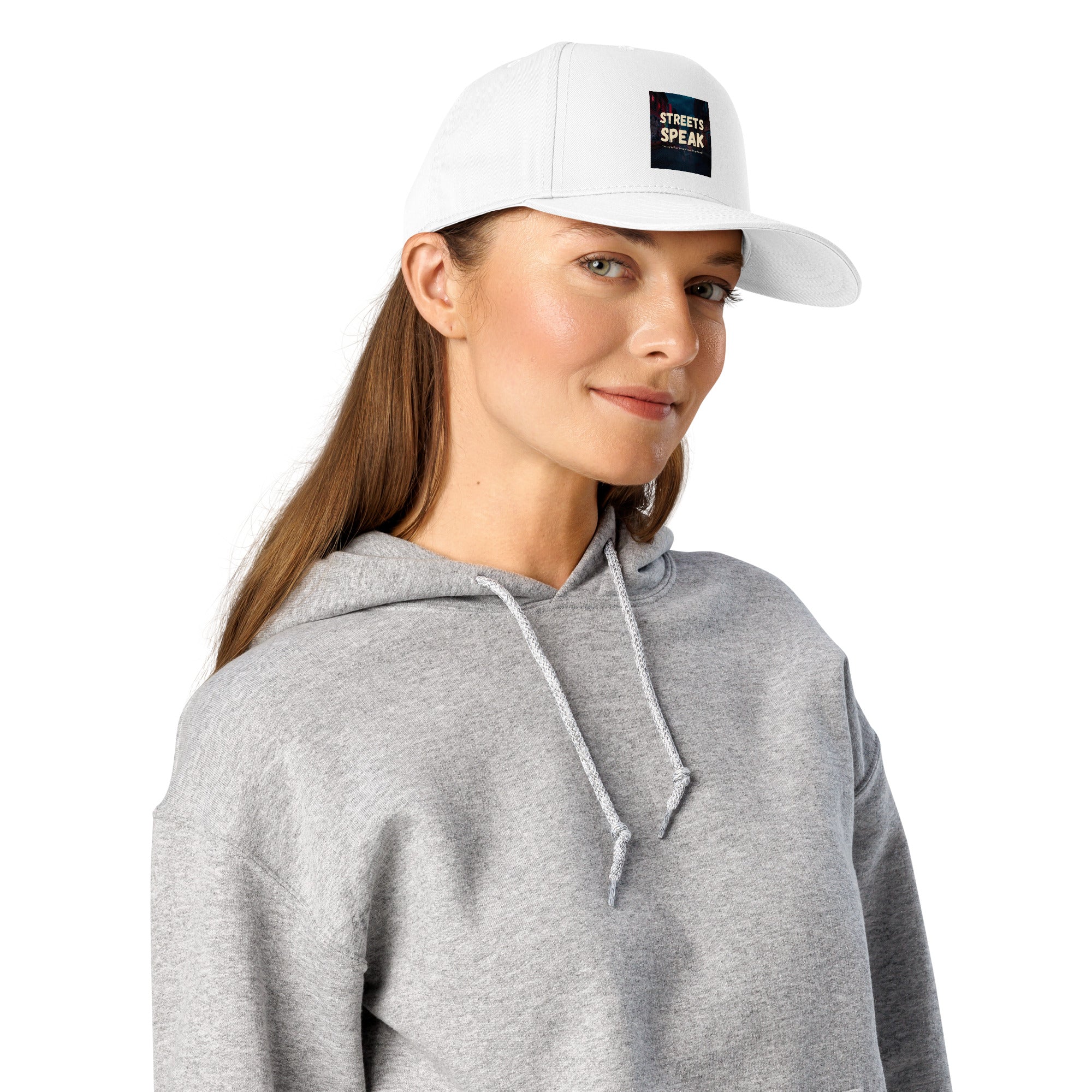 White 5-panel cap with front logo patch and curved brim, head-on view