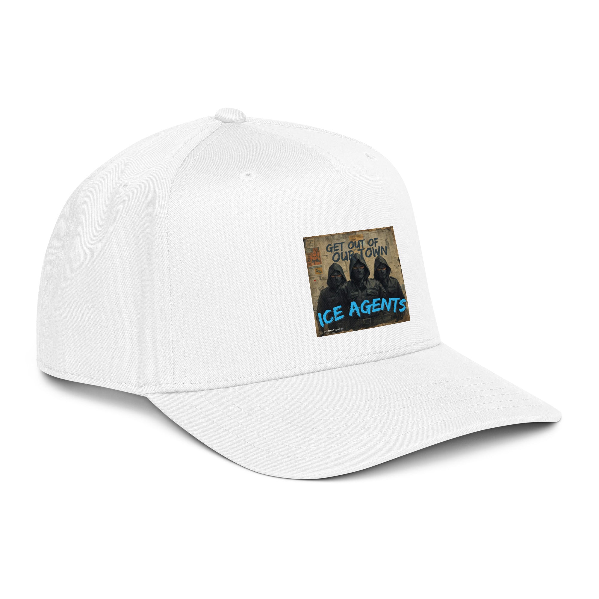 White 5-panel cap with curved brim and front “ICE AGENTS” patch graphic