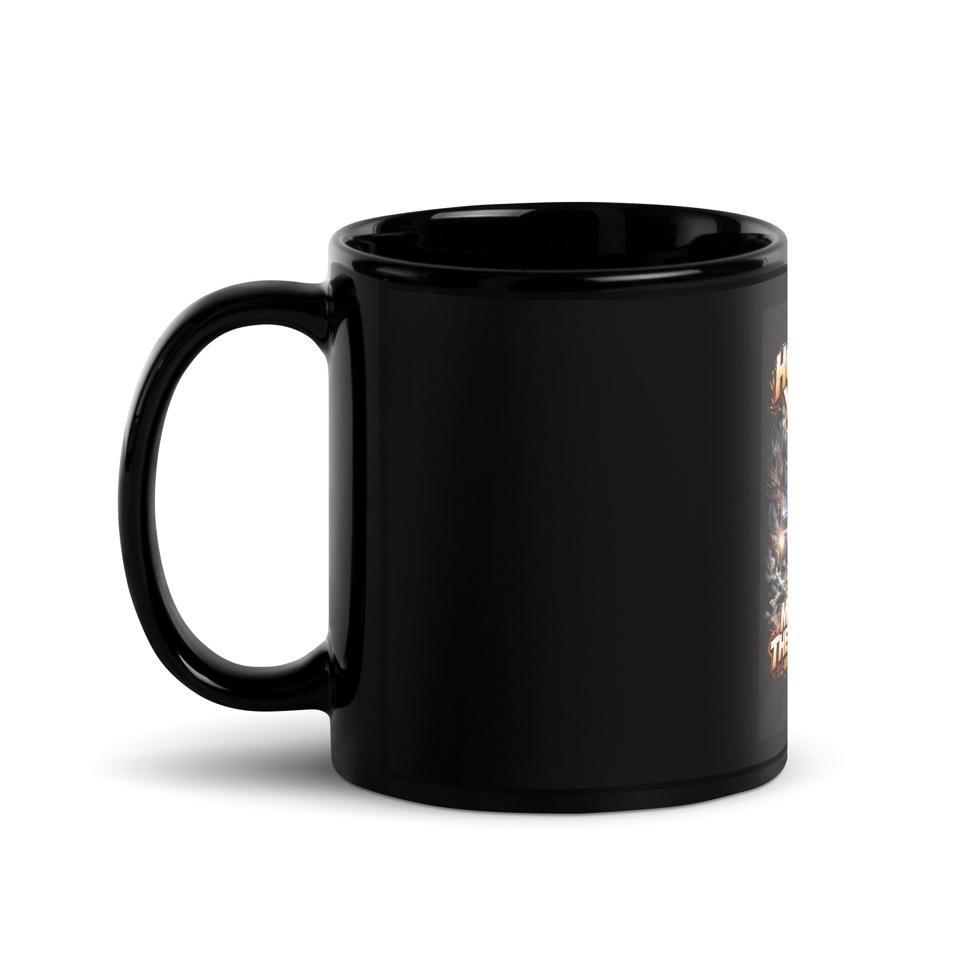 Black mug side view with partial “Holla At Ya Boy” artwork