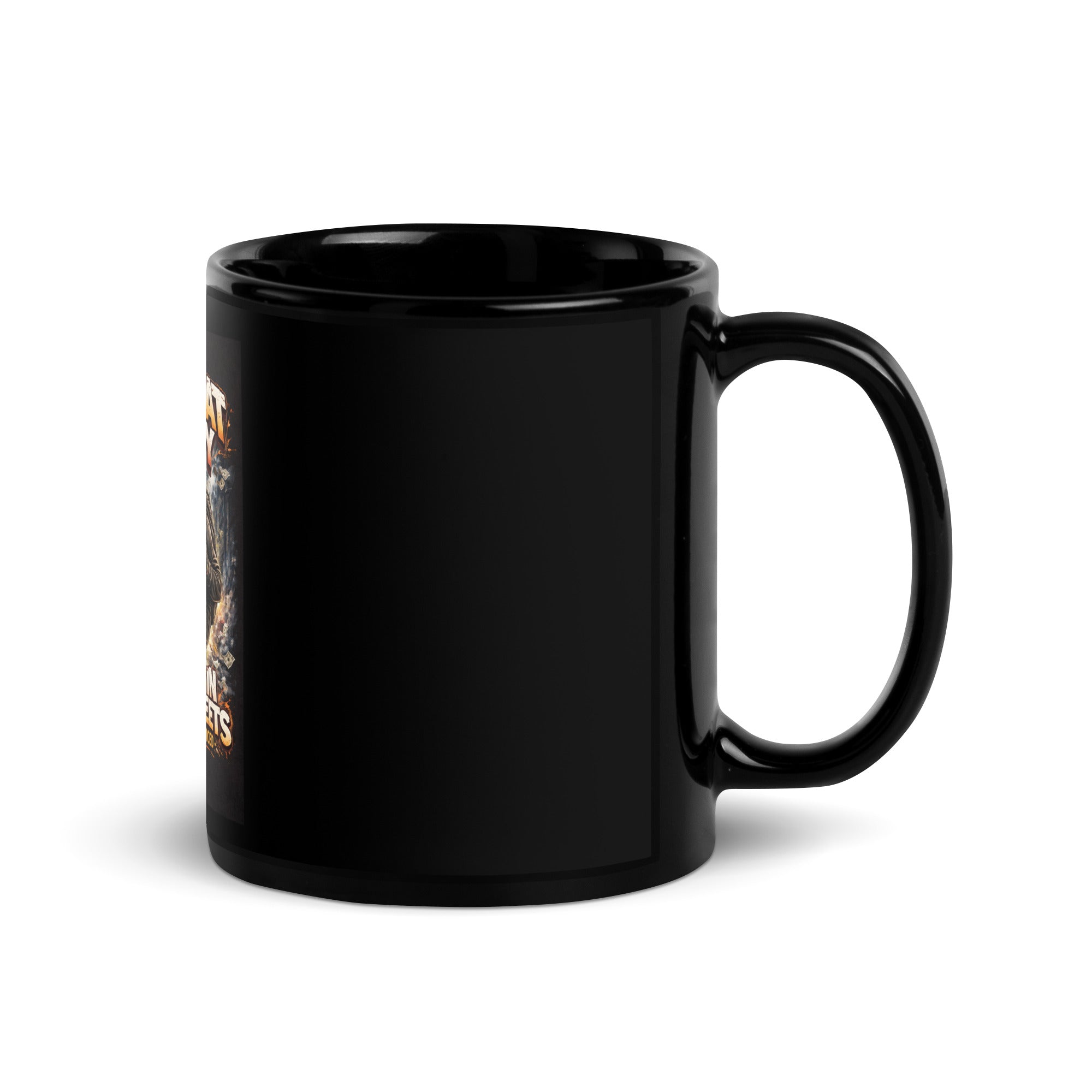 Black mug with handle, partial “Moving In These Streets” graphic on side