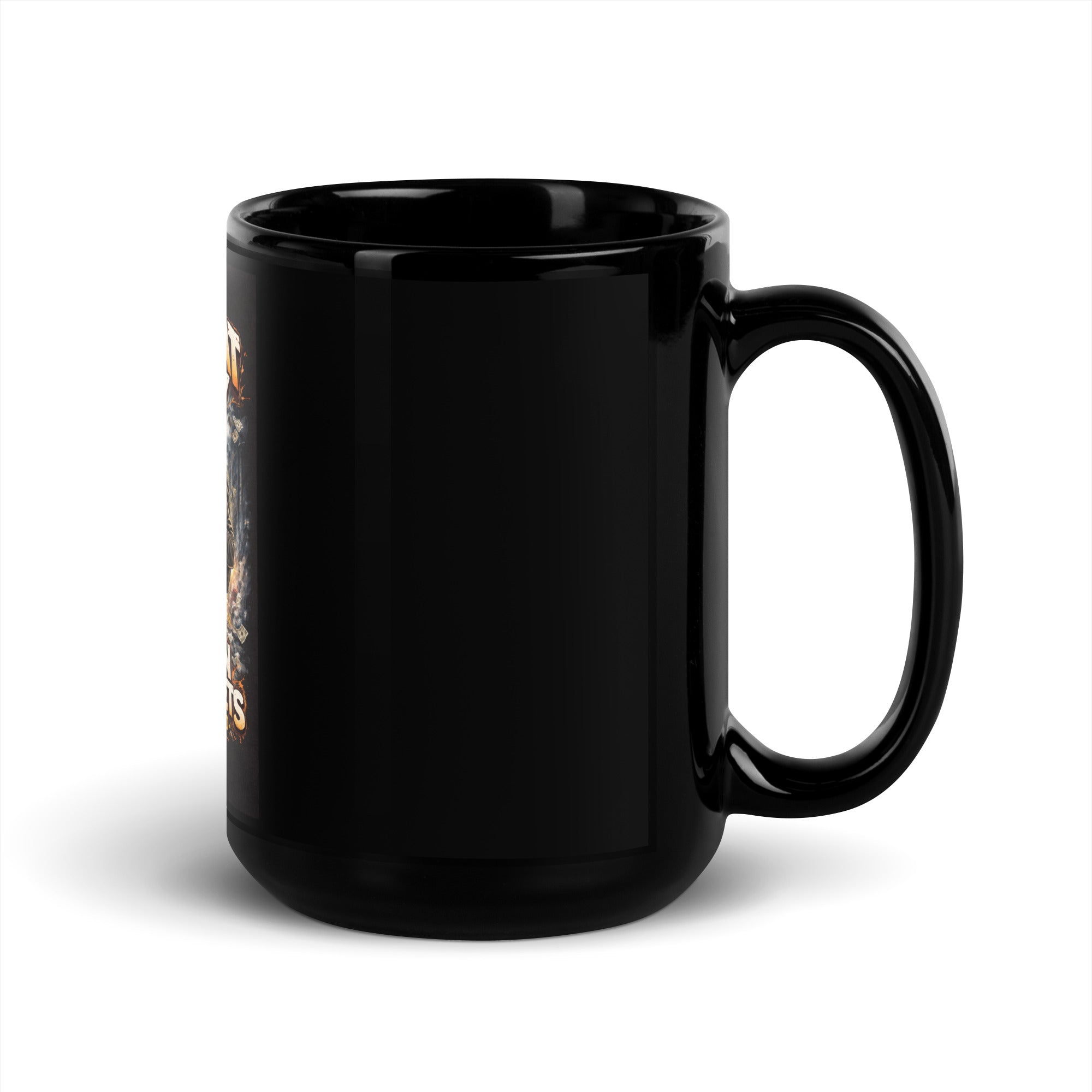 Black mug front corner view with partial vertical artwork