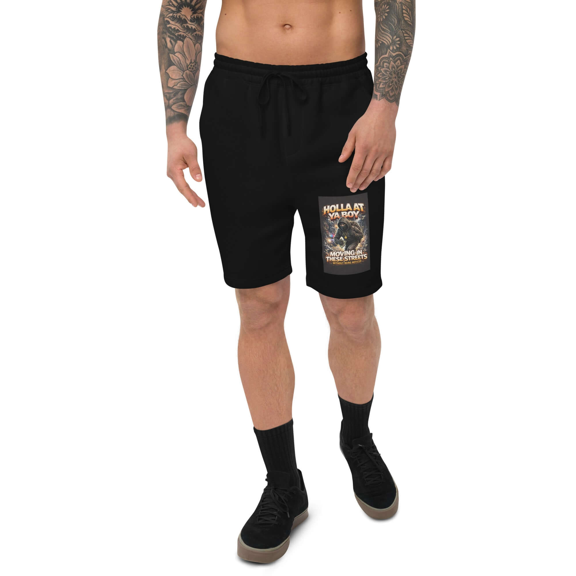 Black shorts with elastic waistband and right-thigh print, above-knee length