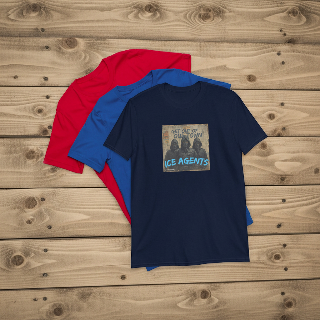 Navy unisex T-shirt with front print “GET OUT OF OUR TOWN / ICE AGENTS”