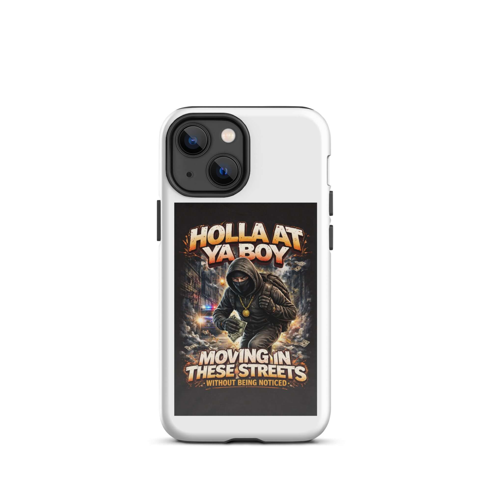 White Tough iPhone case with large centered graphic and camera openings on top