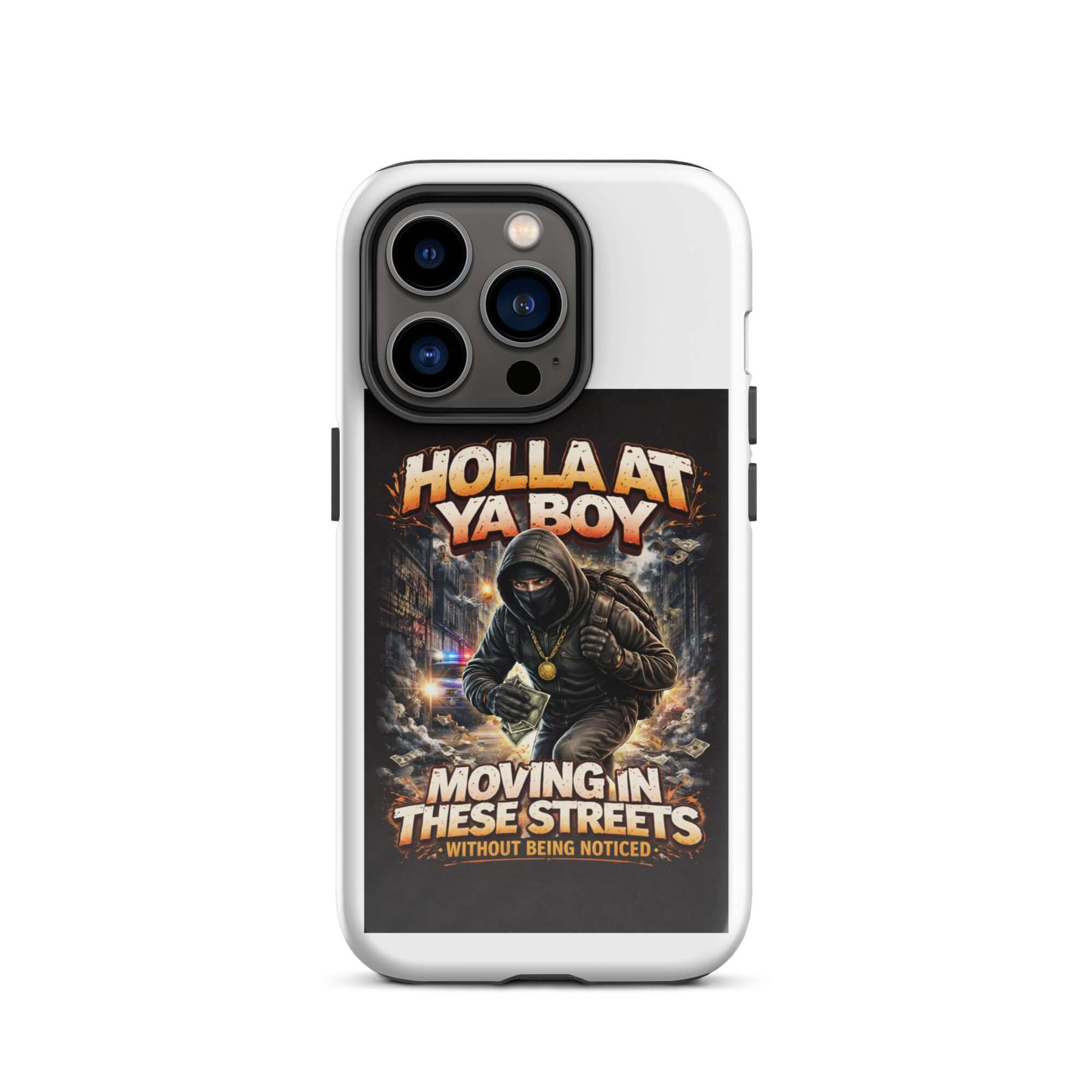 Move In Silence iPhone case, white back with three-lens camera cutouts and “Moving in These Streets”
