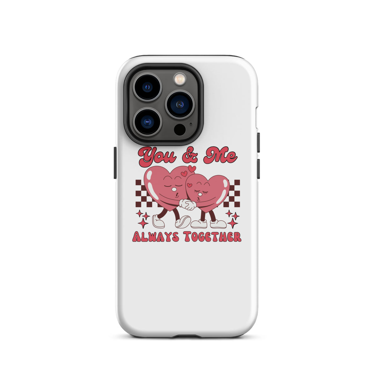 White phone case with red heart character design, “You & Me” text, and camera openings