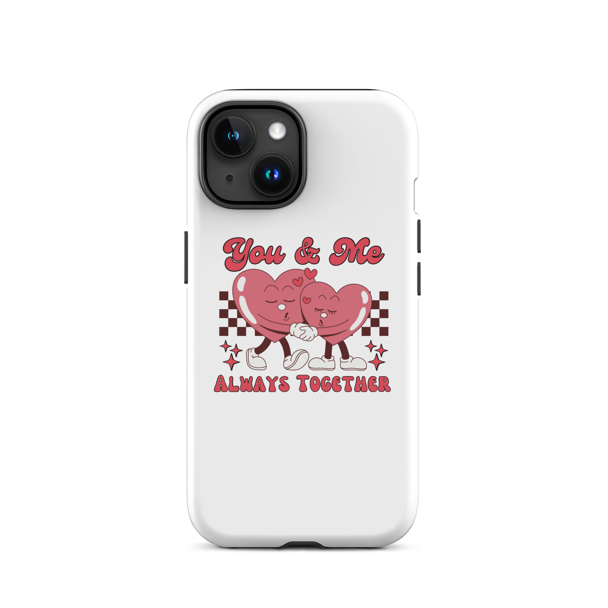 White phone case with red “You & Me” heart design and side button cutouts