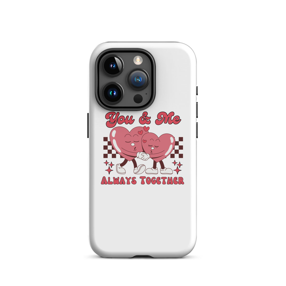 White phone case with red heart couple, “You & Me” script, and visible camera module