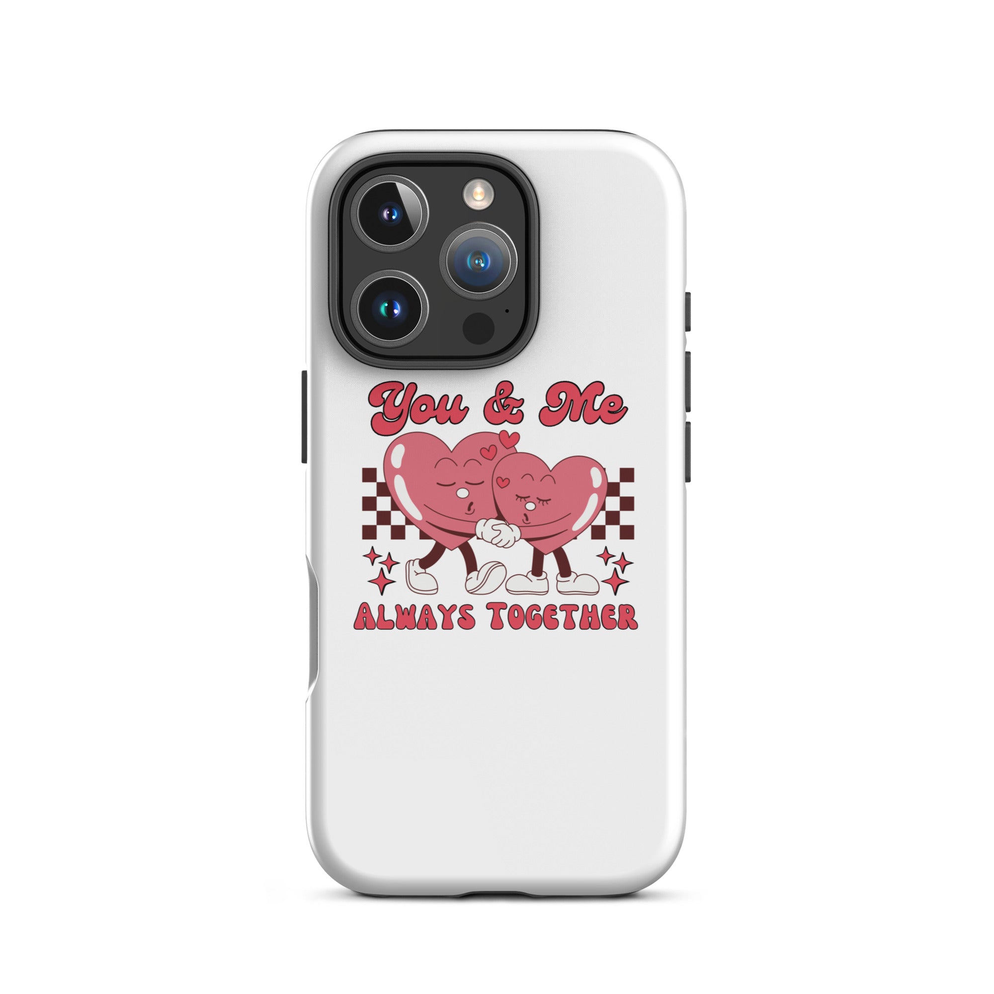 iPhone tough case back view with You & Me hearts artwork and camera openings
