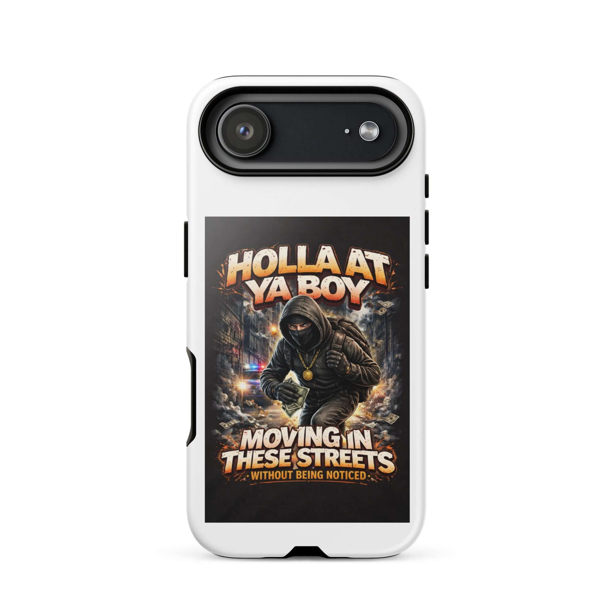 White tough iPhone case with horizontal camera bar and “Moving in These Streets” graphic