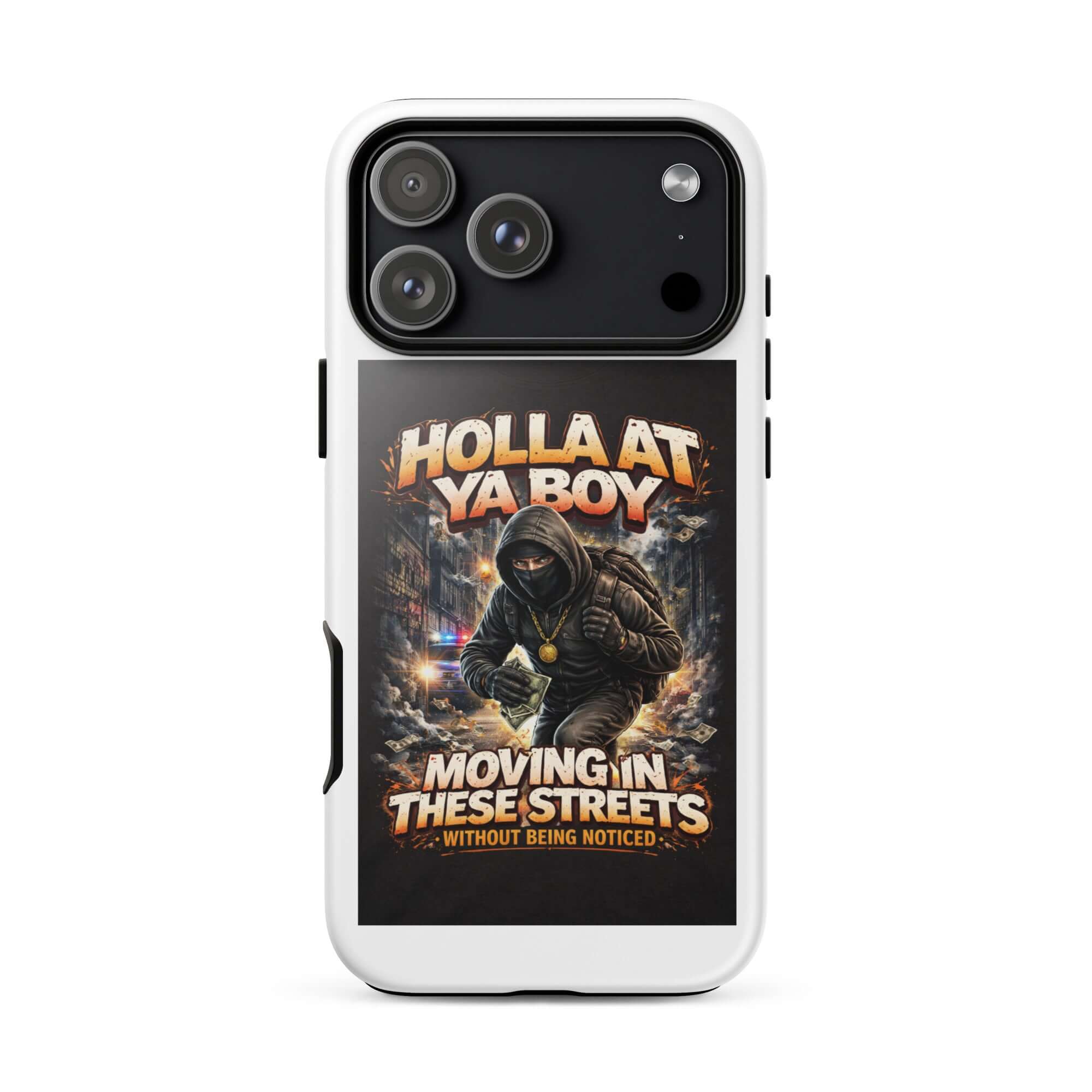 White tough iPhone case with black top camera module and “Moving in These Streets” print