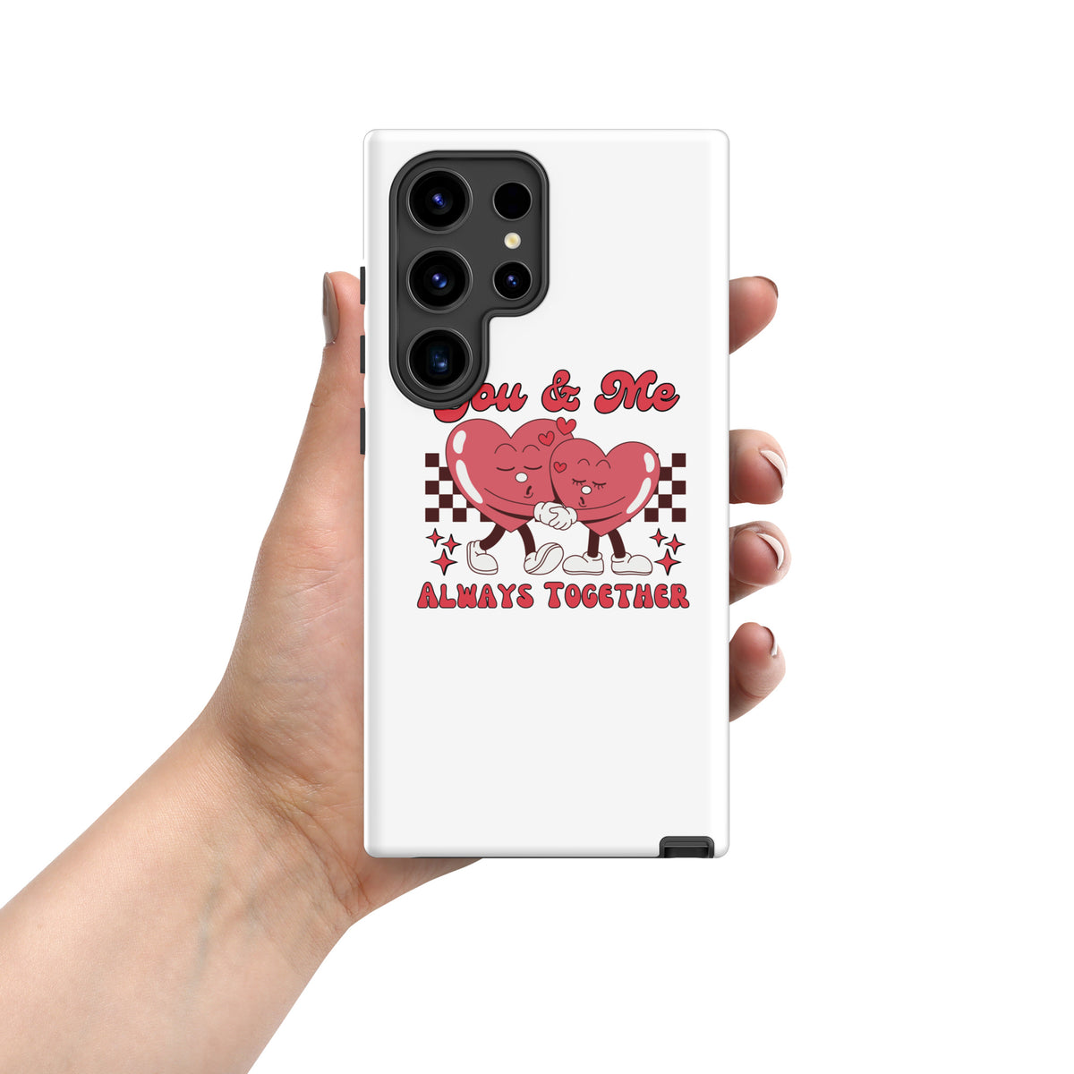 White Samsung tough phone case with red lovebirds “You & Me” and Always Together, corner detail