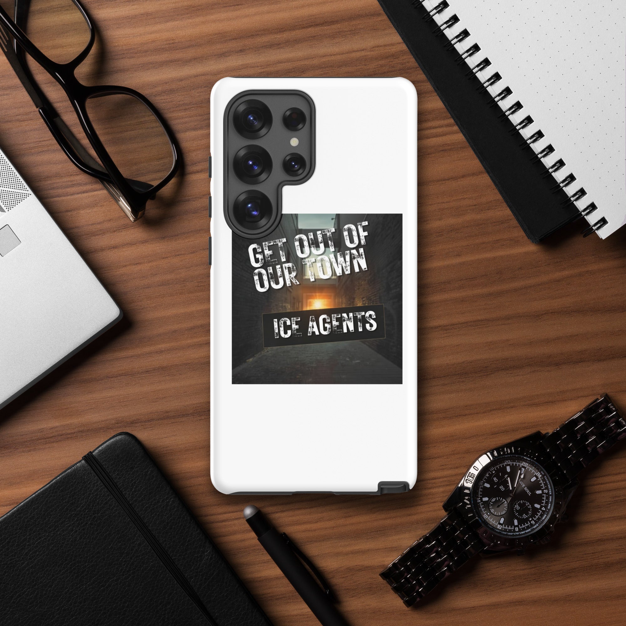 White phone case with triple lens cutouts and bold &