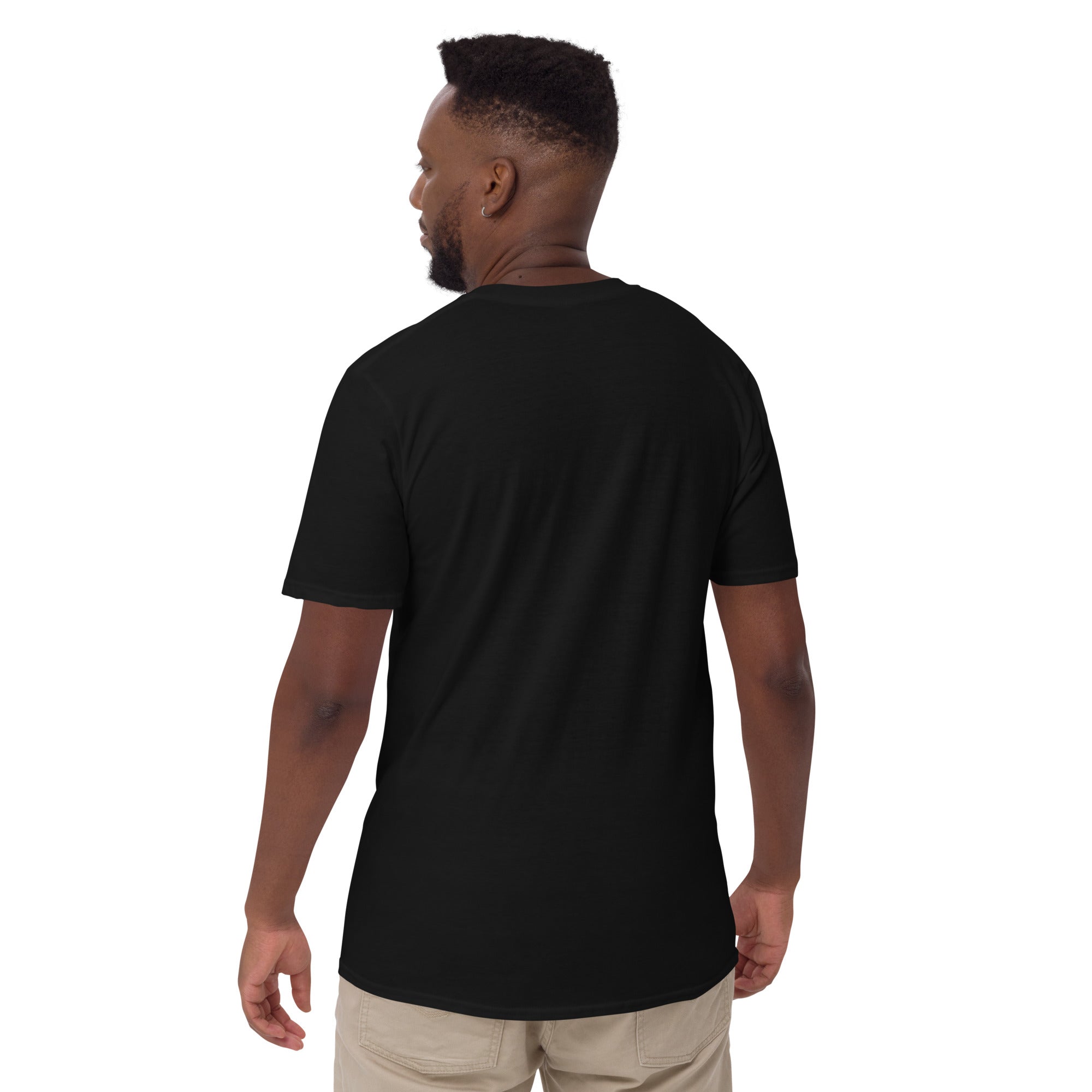 Black unisex short-sleeve T-shirt, plain back view.